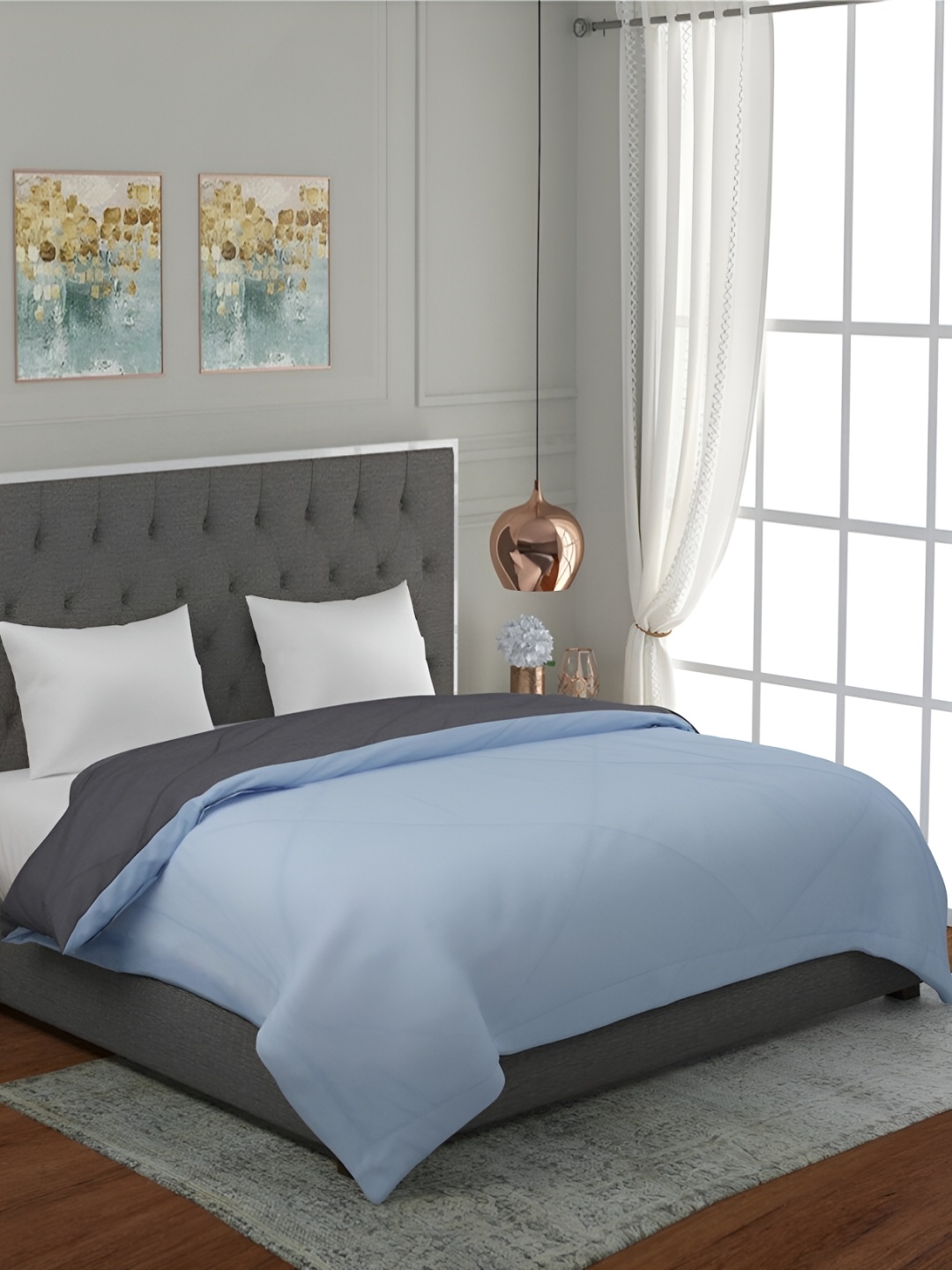 

RF RELAXFEEL Grey & Blue Geometric Heavy Winter 233 GSM Single Bed Quilt