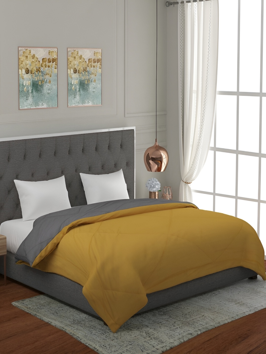

RF RELAXFEEL Yellow & Grey Geometric Heavy Winter 233 GSM Double Bed Quilt