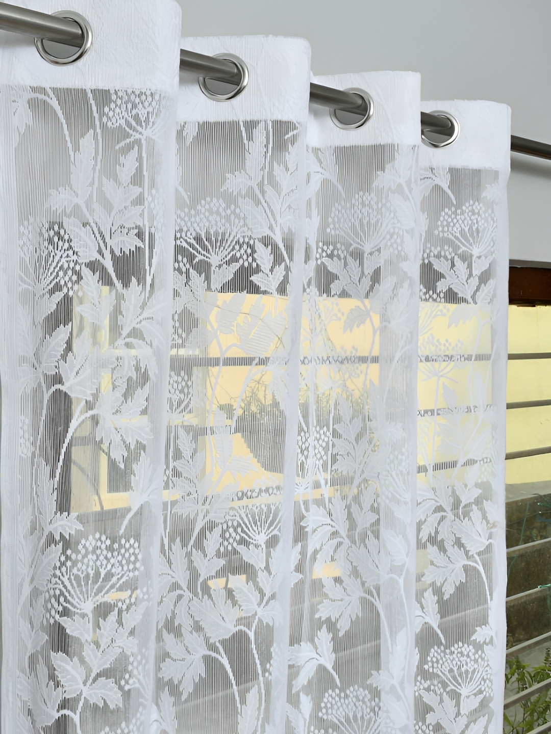 

RIDHAAN White & Silver-Toned Floral Sheer Door Curtain