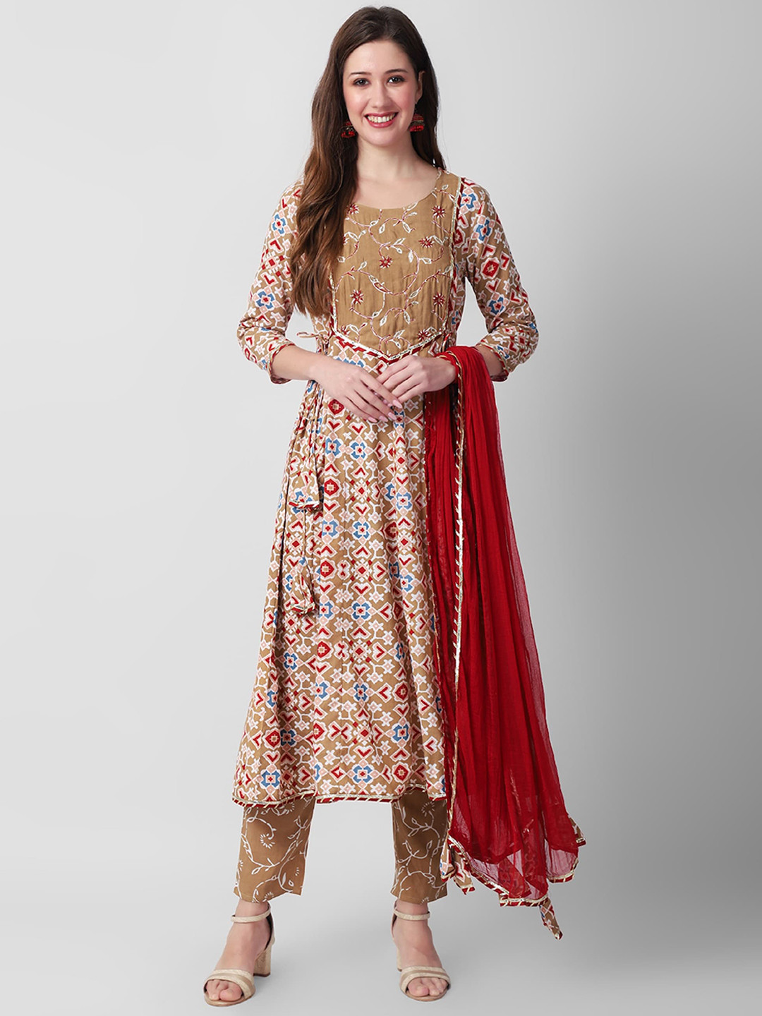 

Rubellite Geometric Printed Beads & Stones A-Line Kurta & Trousers With Dupatta, Red