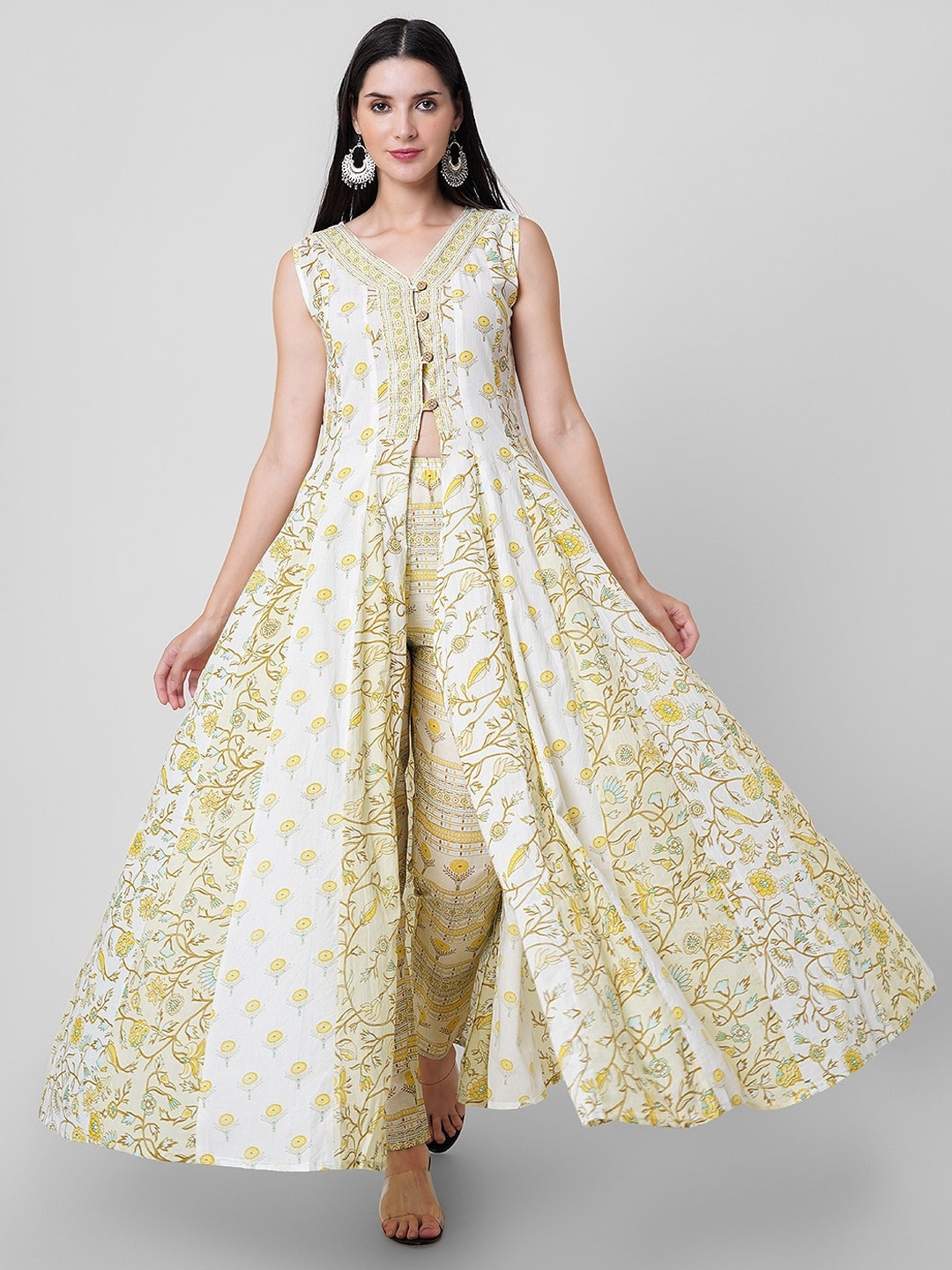 

Rubellite Floral Printed V-Neck Pure Cotton Kurta with Trousers, White