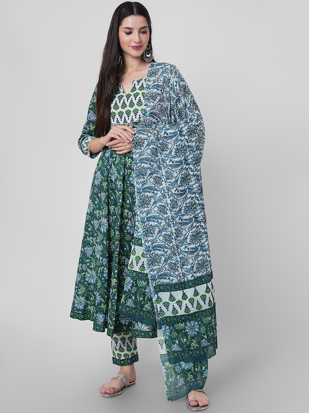 

Rubellite Floral Printed Pure Cotton Anarkali Kurta With Trousers & Dupatta, Green