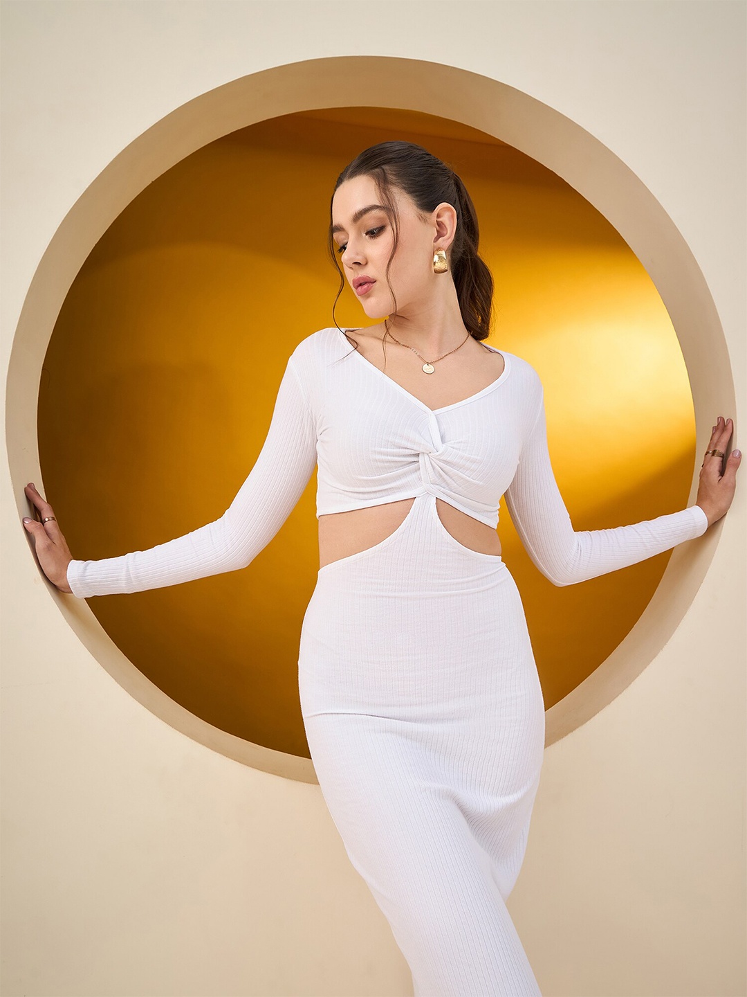 COLOR CAPITAL V-Neck Bodycon Cut-Outs Cotton Midi Dress, White