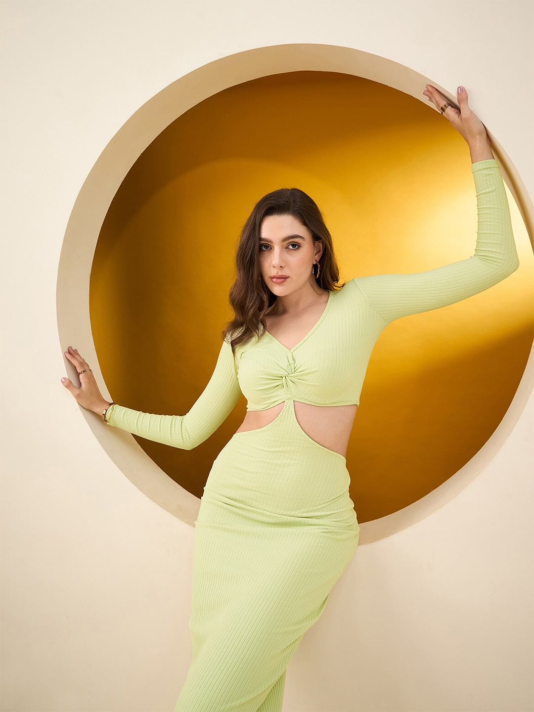 COLOR CAPITAL V-Neck Bodycon Cut-Outs Cotton Maxi Dress, Green