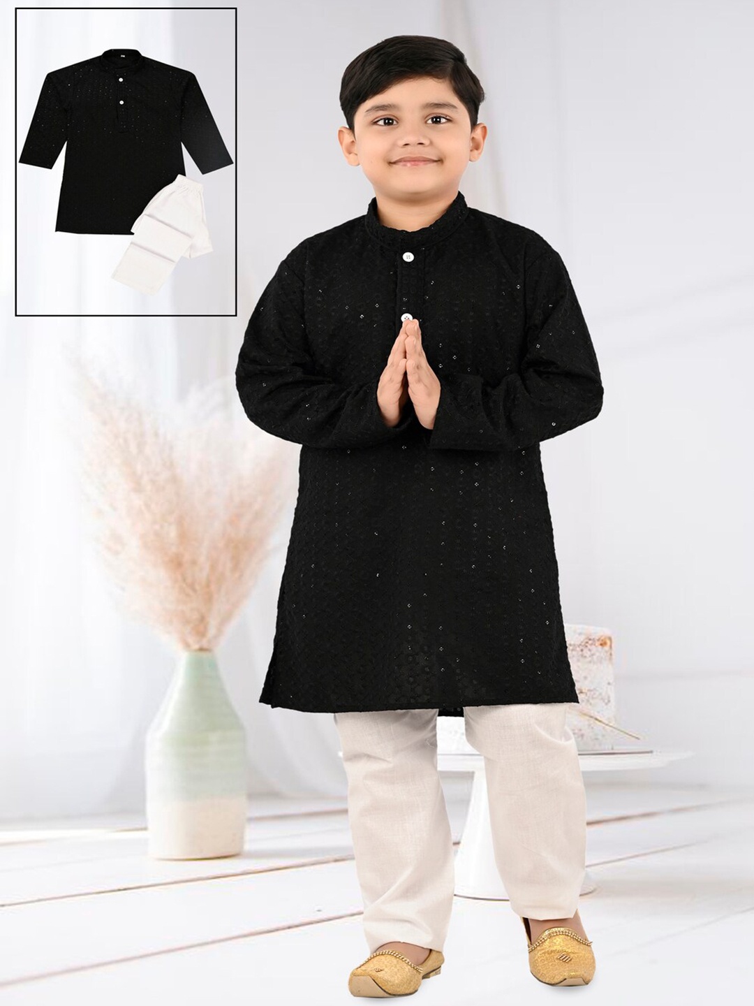 

BAESD Boys Ethnic Motifs Regular Sequinned Straight Kurta With Trousers, Black