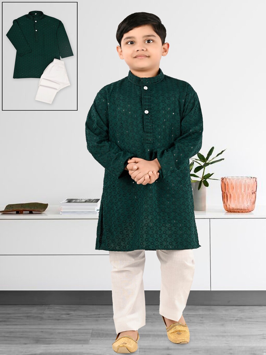 

BAESD Boys Ethnic Motifs Regular Sequinned Straight Kurta With Trousers, Green