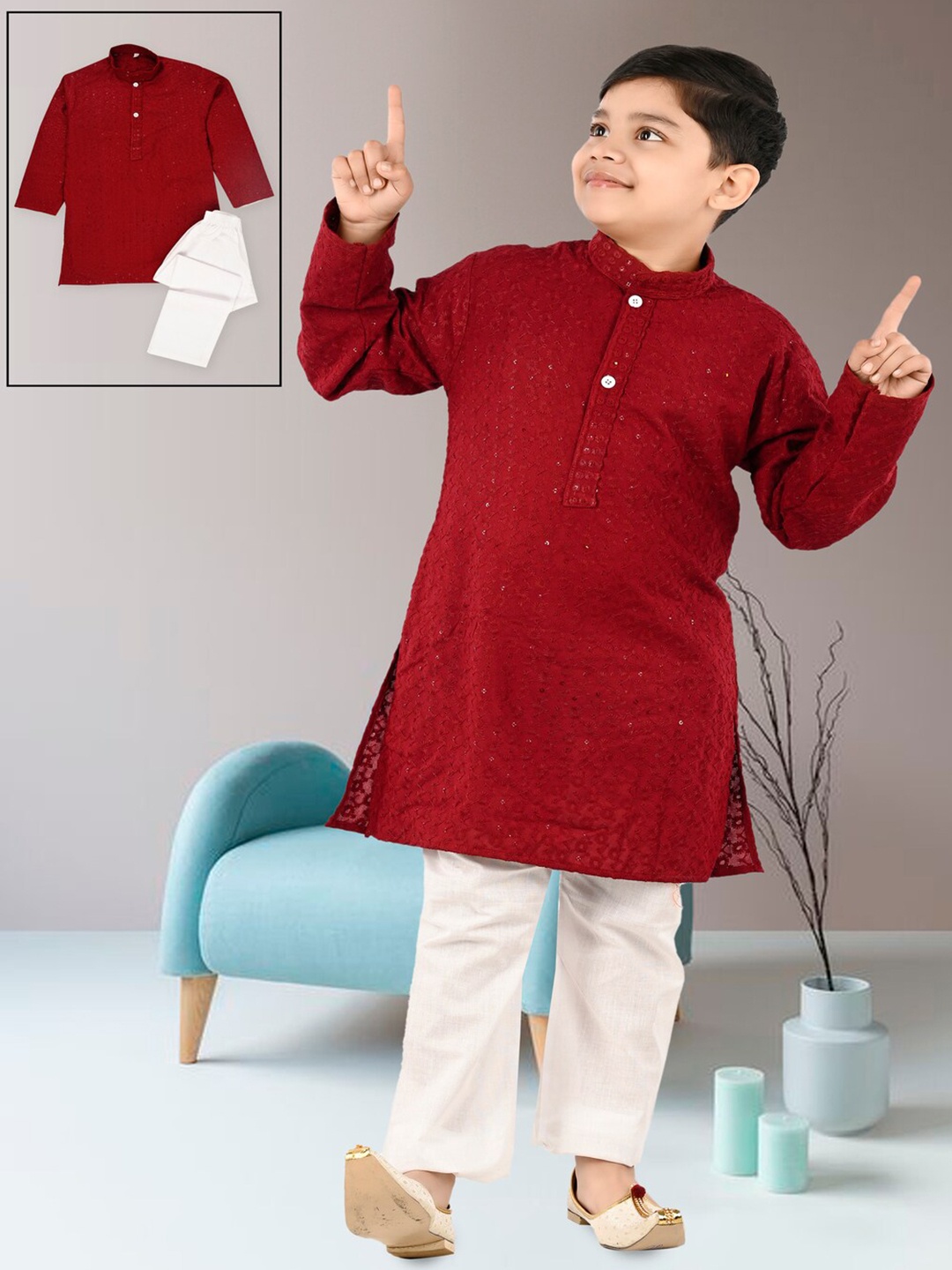 

BAESD Boys Ethnic Motifs Regular Sequinned Straight Kurta With Trousers, Red