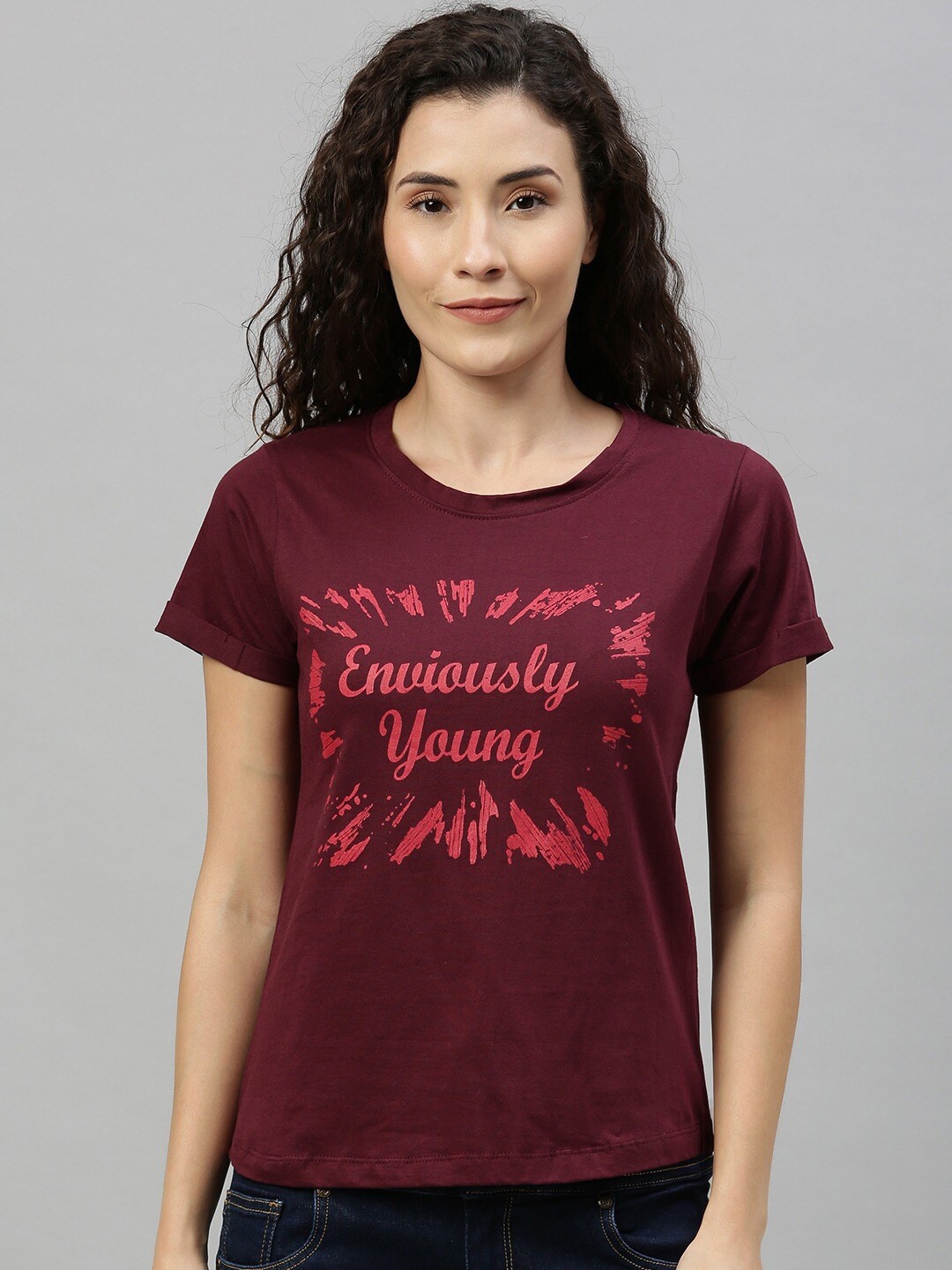 Enviously Young Typography Printed Round Neck Pure Cotton T-shirt, Burgundy