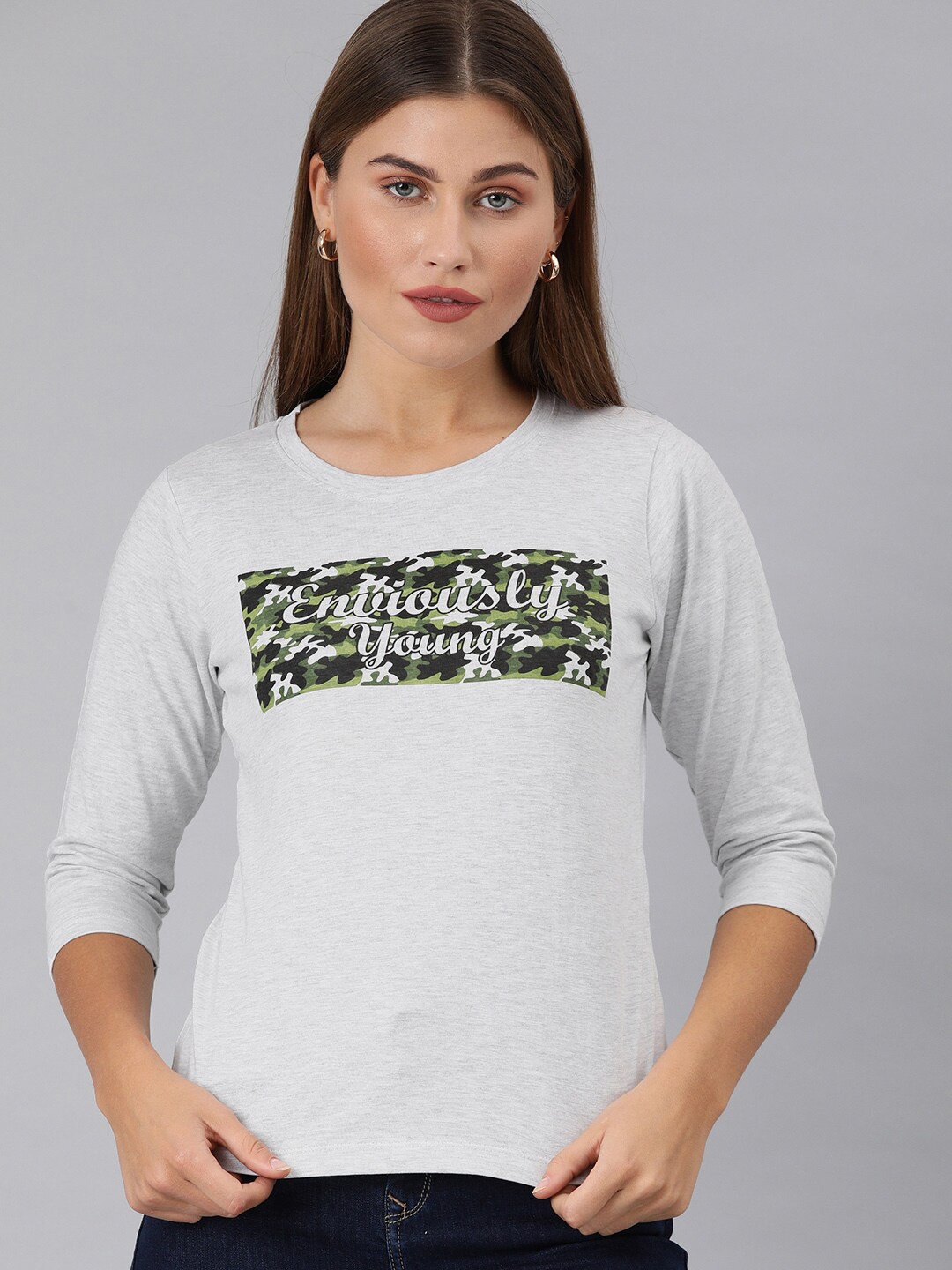 

Enviously Young Typography Printed Cotton Round Neck Applique T-shirt, Grey