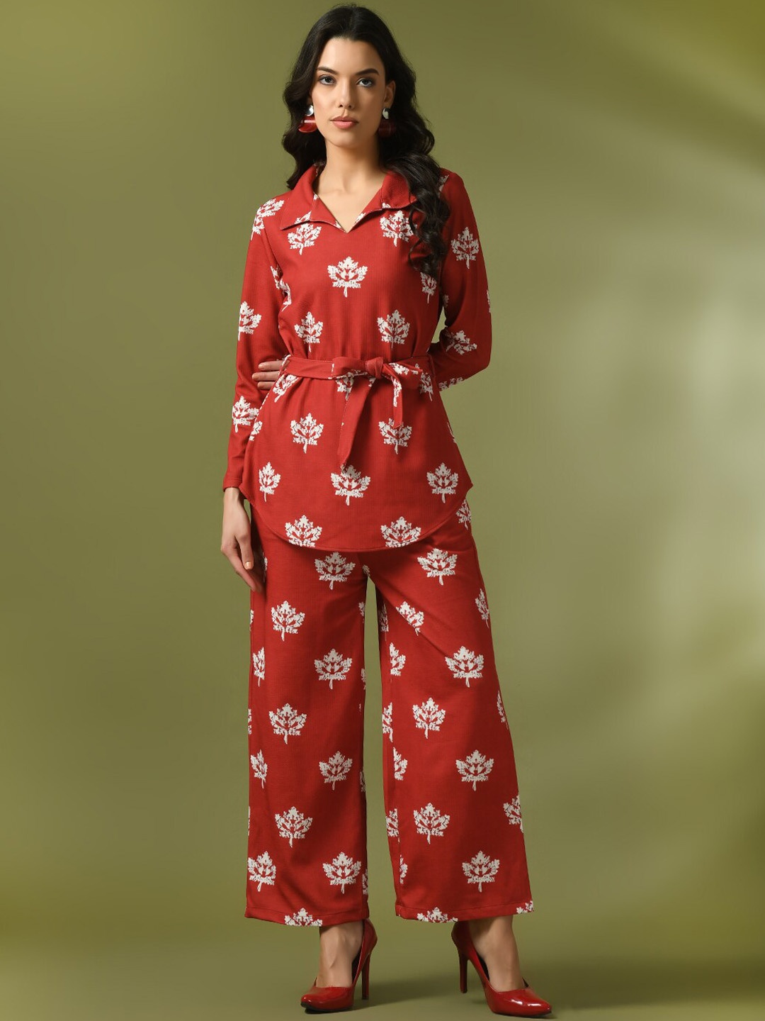 

DressBerry Rust Ethnic Motifs Printed Shirt Collar Top & Trousers