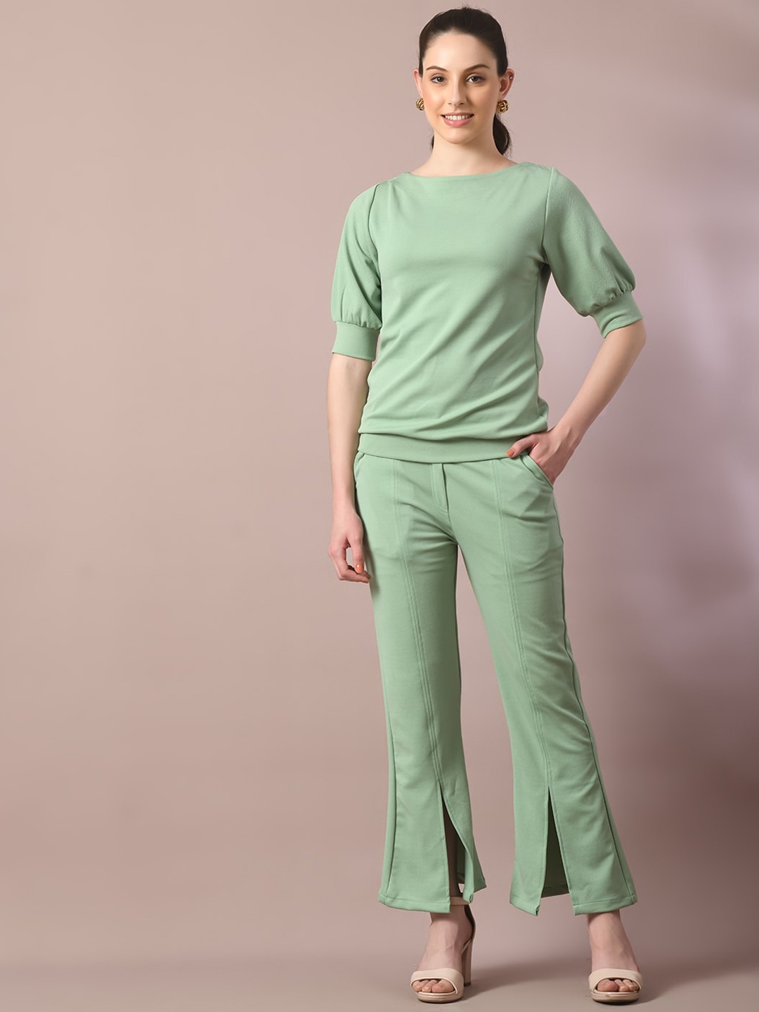 

DressBerry Sea Green Boat Neck Top With Trousers