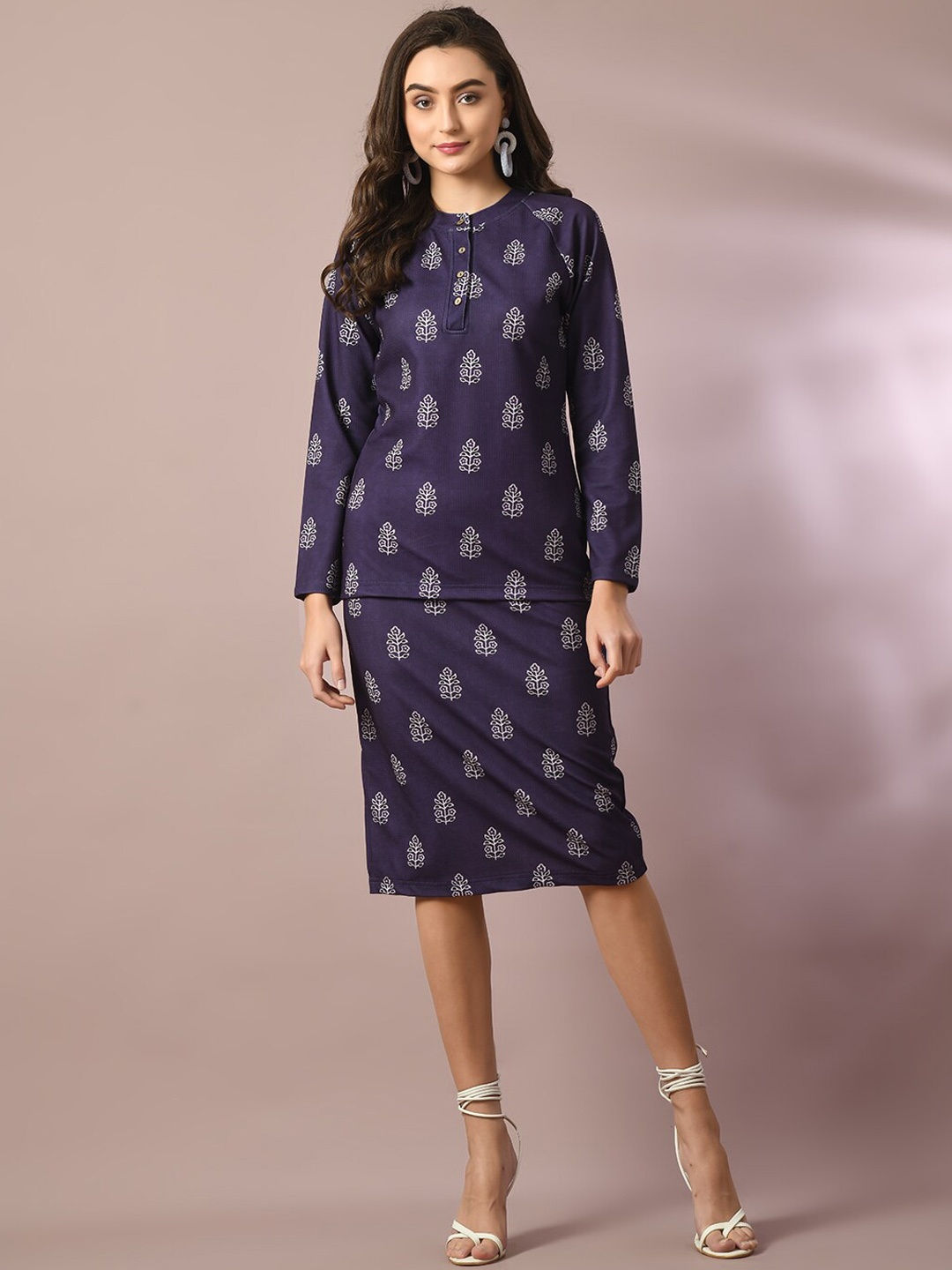 

DressBerry Navy Blue Printed Round Neck Top With Skirt