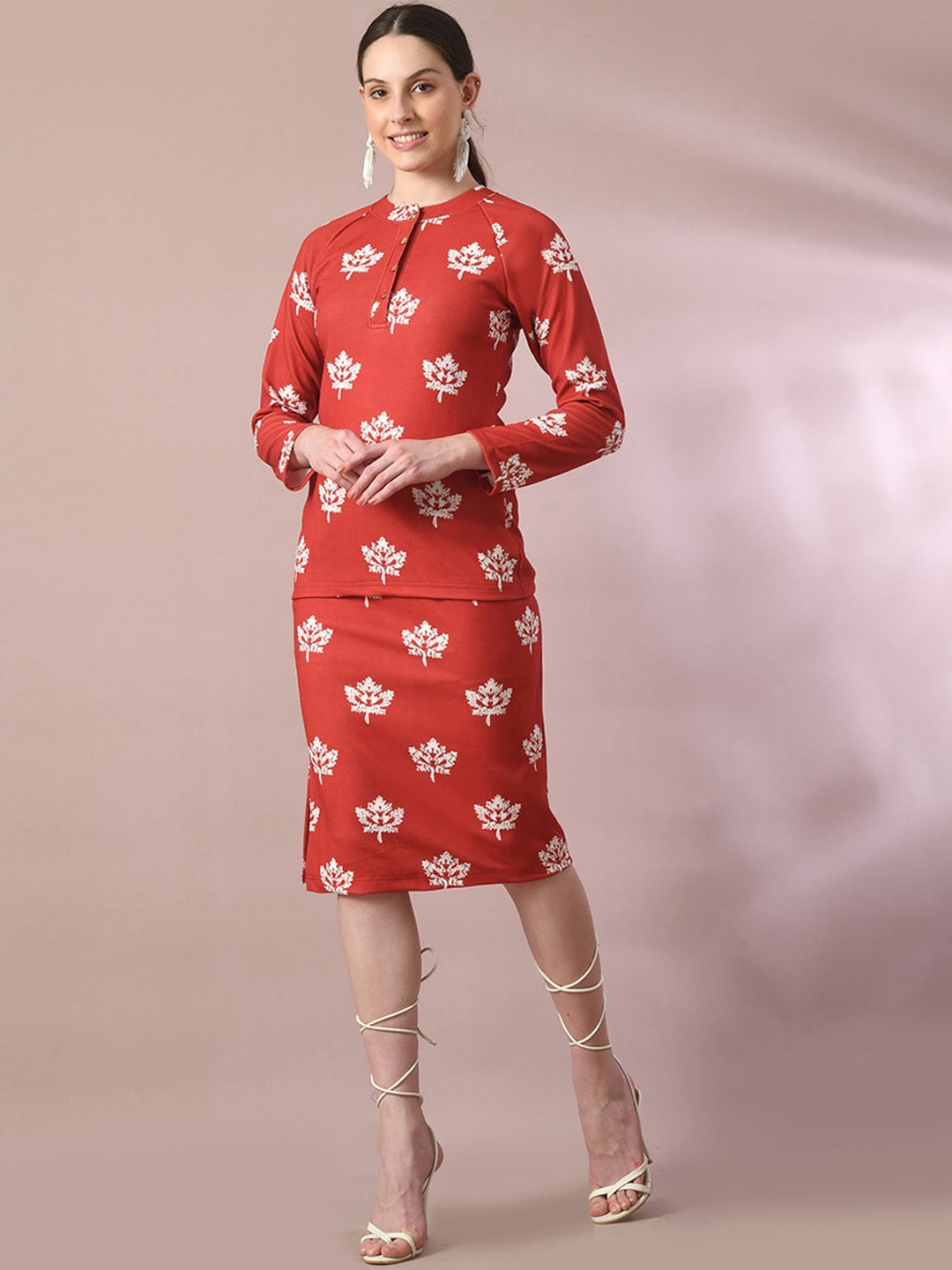 

DressBerry Rust Printed Round Neck Top With Skirt