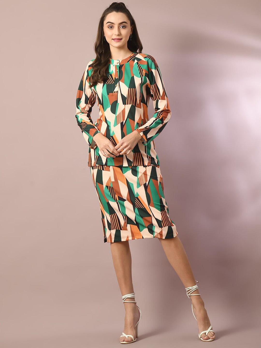

DressBerry Beige Printed Round Neck Top With Skirt