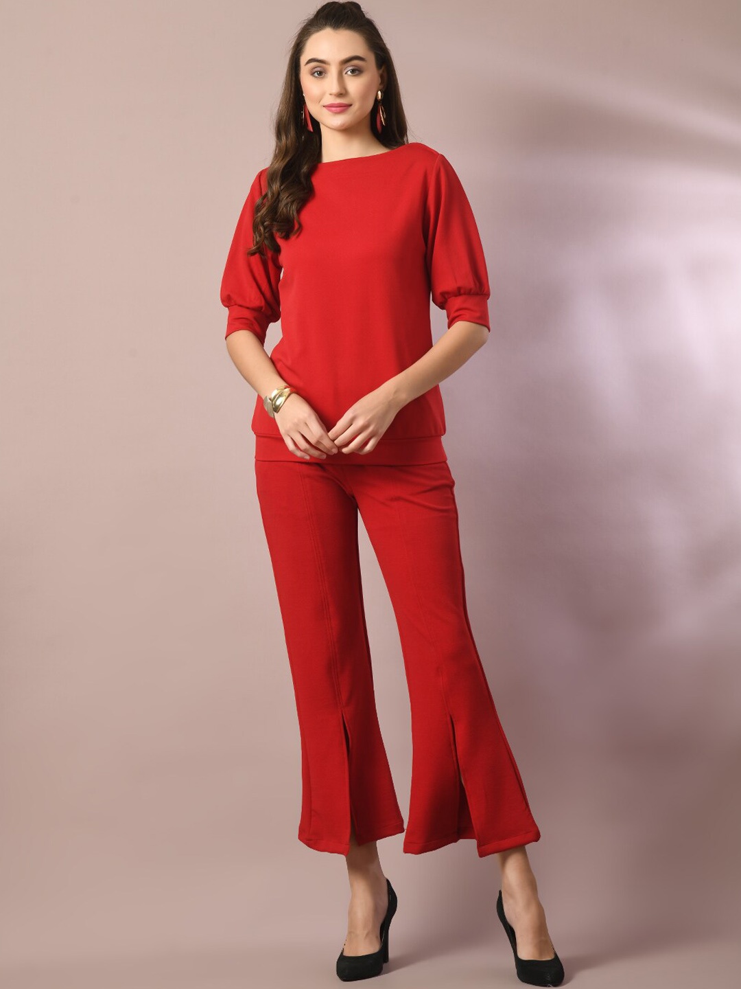 

DressBerry Red Boat Neck Puffed Sleeves Top With Trousers