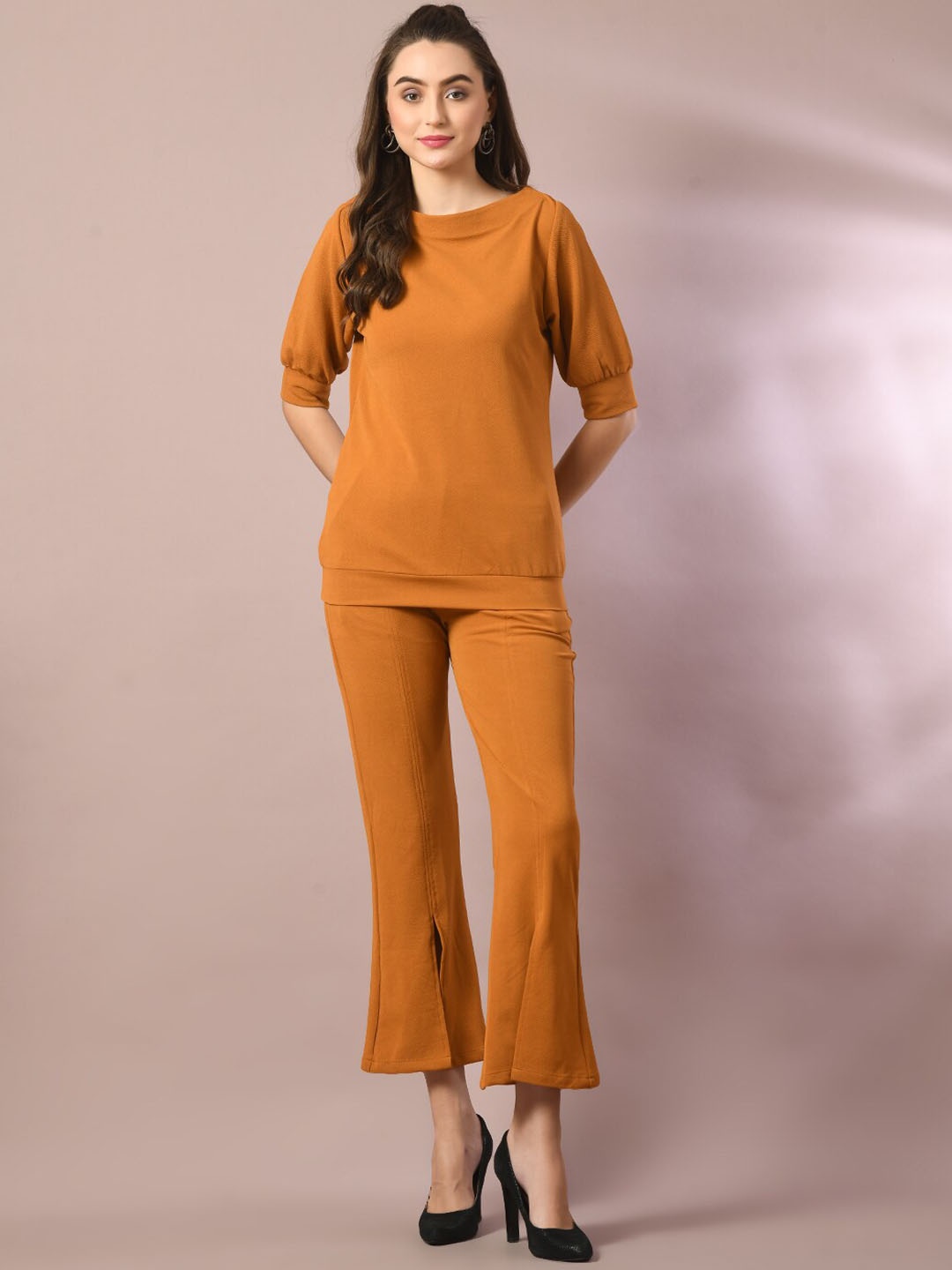 

DressBerry Mustard Yellow Boat Neck Cuffed Sleeves Top With Trouser