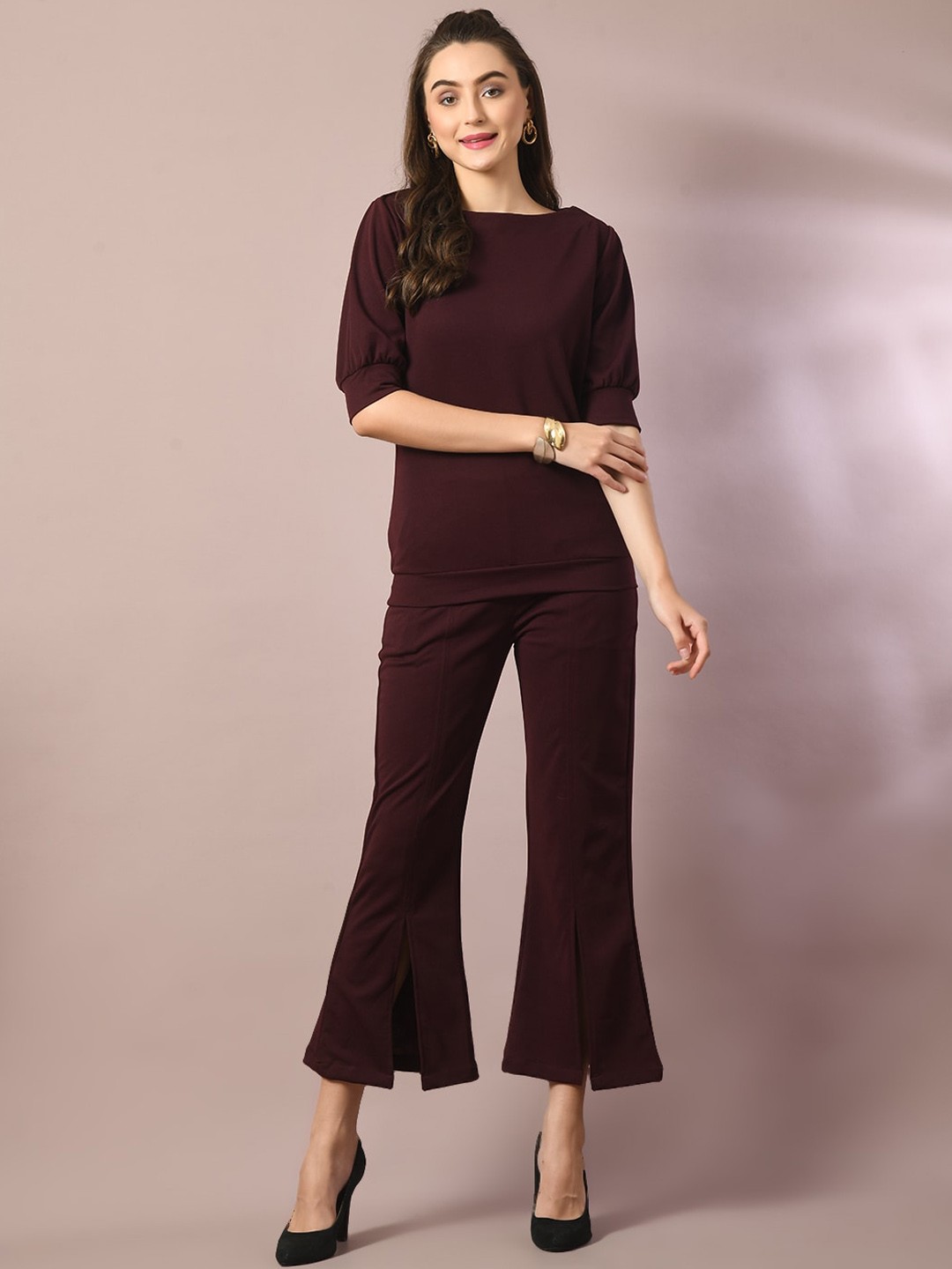 

DressBerry Coffee Brown Boat Neck Top With Trousers