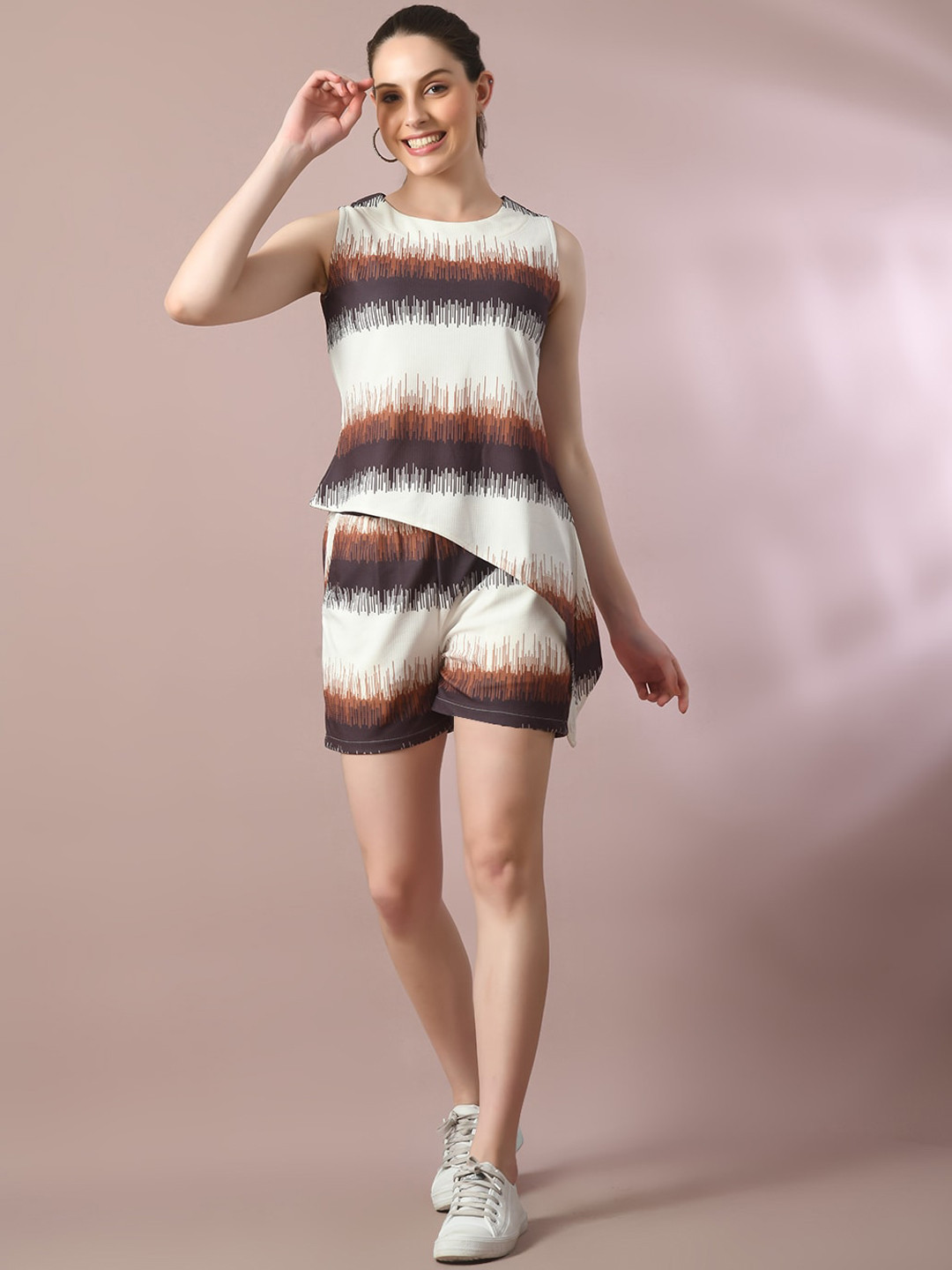 

DressBerry Cream Colored Striped Asymmetric Top With Shorts