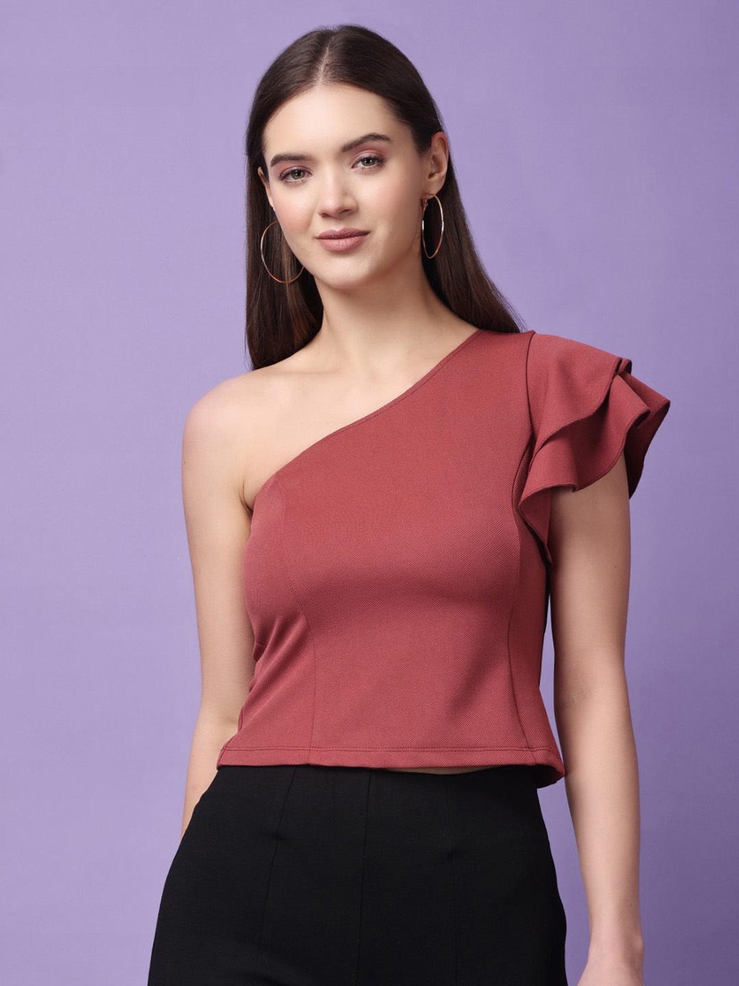 

MEEAMI FASHION One Shoulder Flutter Sleeves Crop Top, Rust