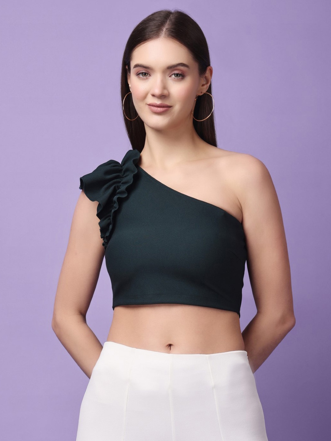 

MEEAMI FASHION One Shoulder Gathered Detail Crop Top, Green