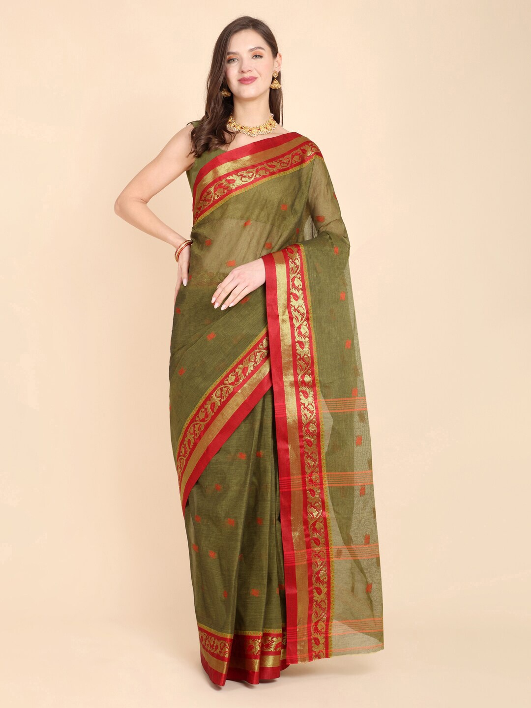 

Bong ButiQ Ethnic Motifs Woven Design Zari Pure Cotton Taant Saree, Olive