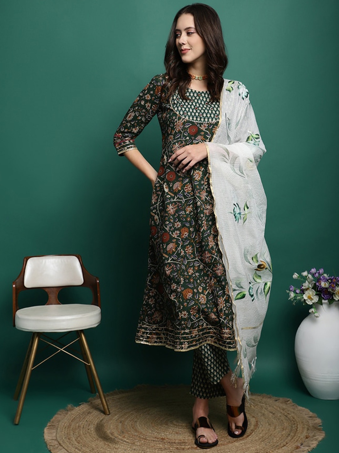 

Sangria Floral Printed Pure Cotton A-Line Kurta With Trousers & Dupatta, Green