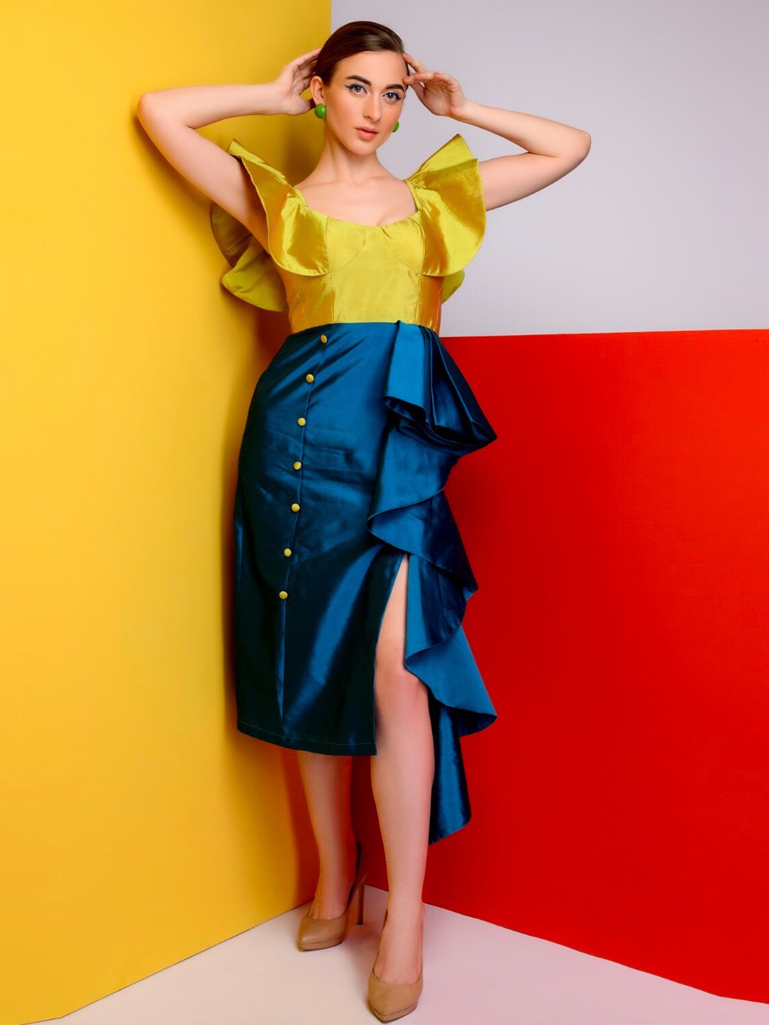 

MEEAMI FASHION Colourblocked Flutter Sleeve Sheath Dress, Blue