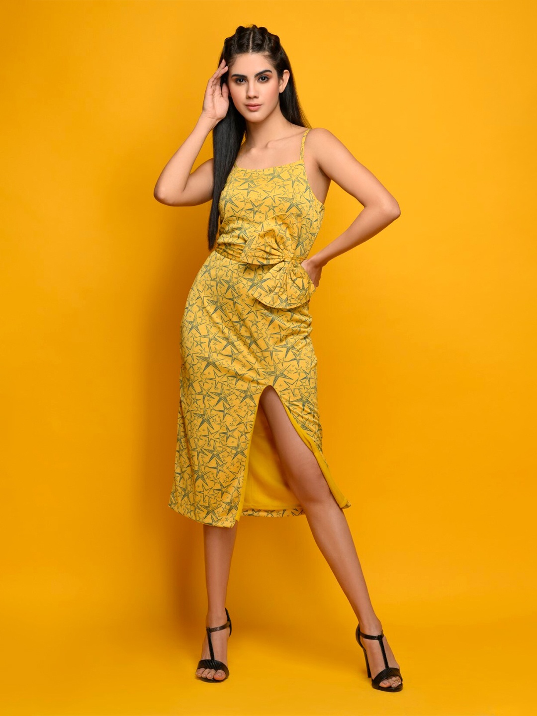 

MEEAMI FASHION Conversational Printed A-Line Midi Dress, Yellow