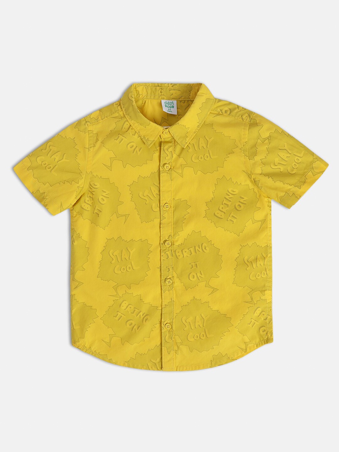 

MINI KLUB Boys Classic Typography Printed Spread Collar Cotton Casual Shirt, Yellow