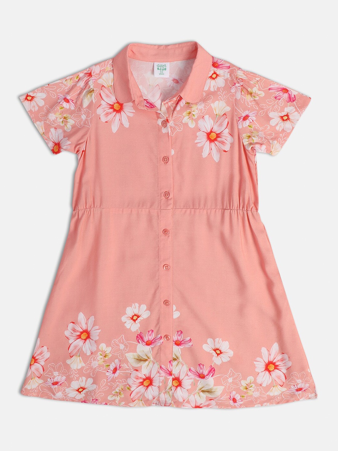 

MINI KLUB Floral Printed Shirt Collar Cotton A-Line Dress, Peach