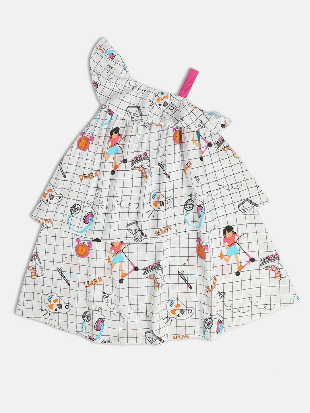 

MINI KLUB Conversational Printed Shoulder Straps Fit and Flare Dress, White