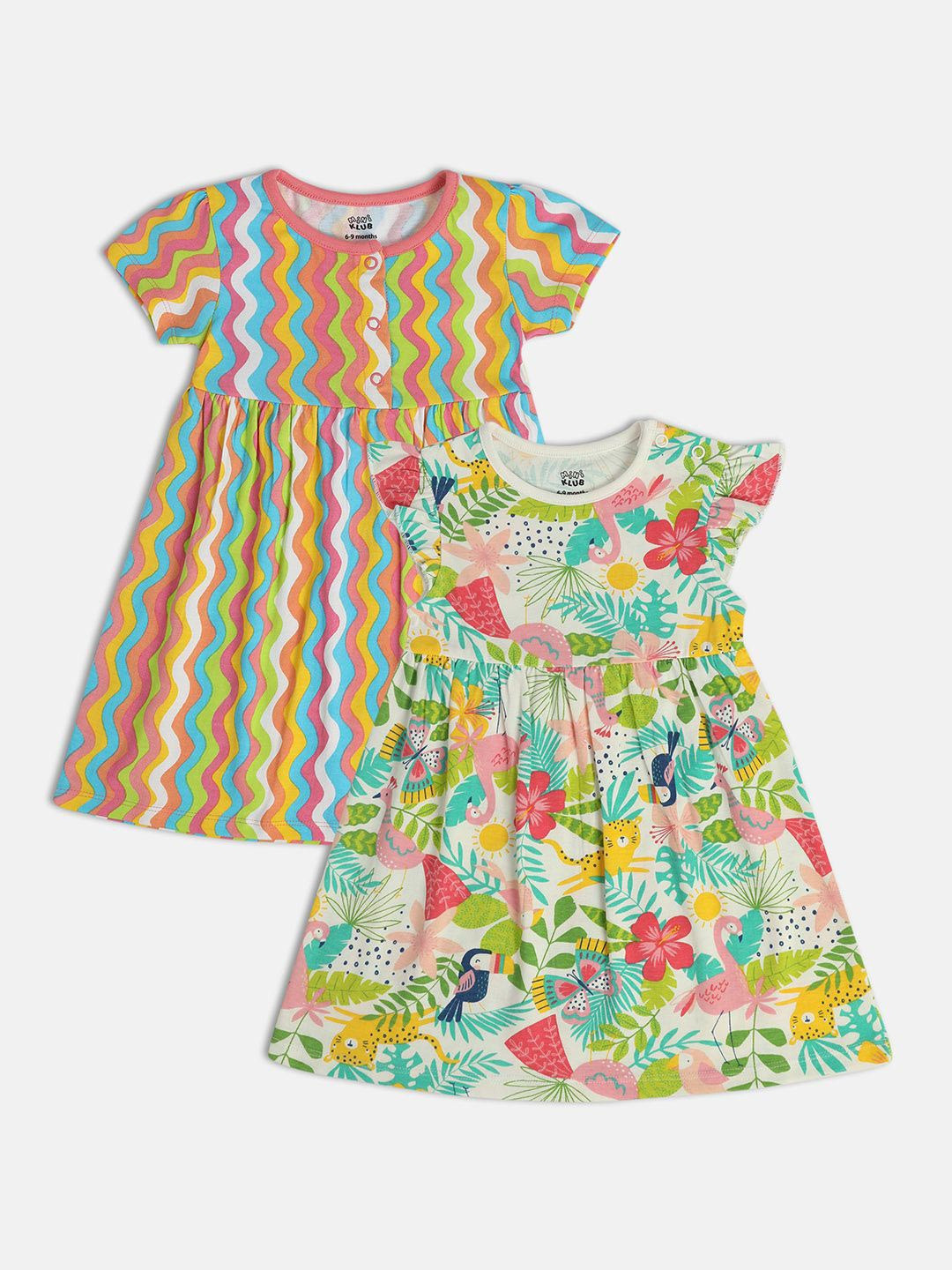 

MINI KLUB Girls Pack Of 2 Floral Printed Pure Cotton A-Line Dress, Green