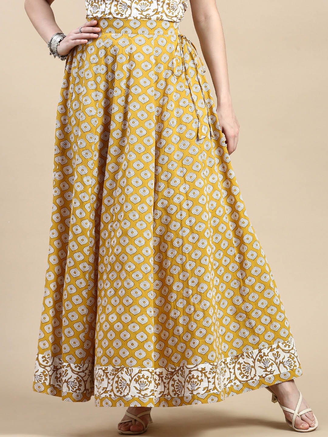 

De Moza Printed Pure Cotton Flared Maxi Skirts, Mustard