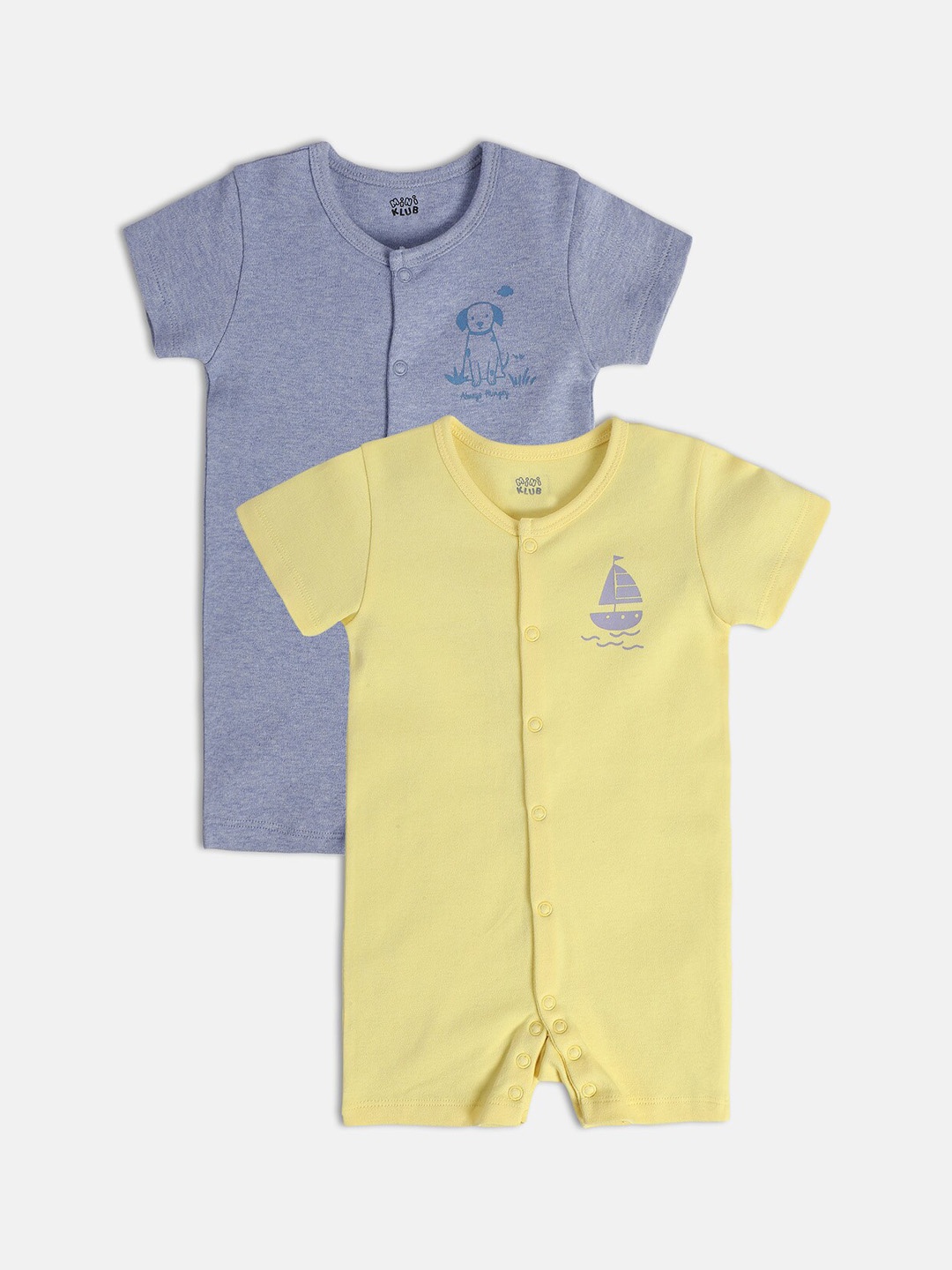 

MINI KLUB Infants Boys Pack Of 2 Printed Pure Cotton Rompers, Yellow