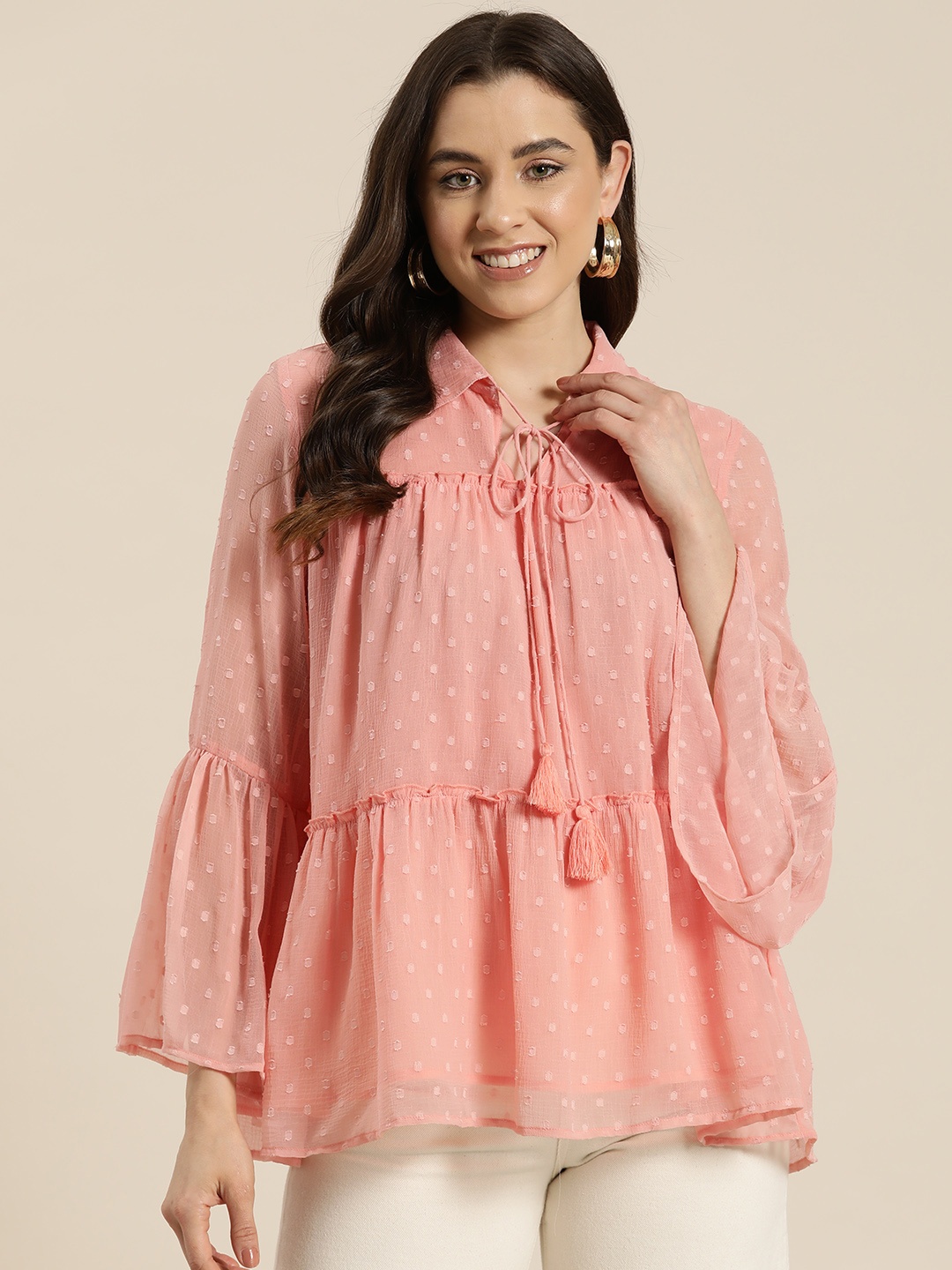 

HERE&NOW Tie-Up Neck Bell Sleeve Fringed Chiffon Longline Top, Peach