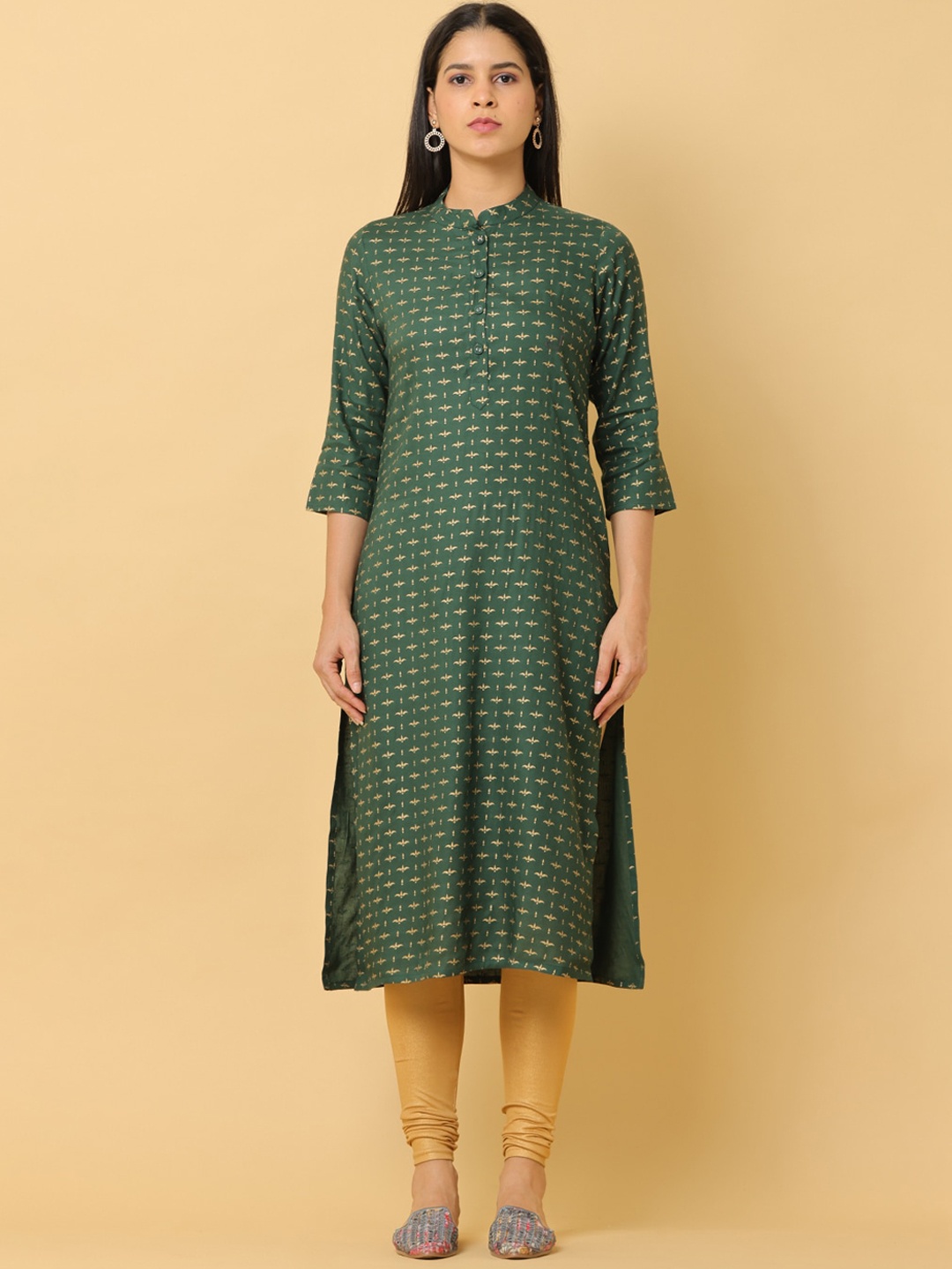 

Cora Geometric Printed Mandarin Collar Kurta, Green