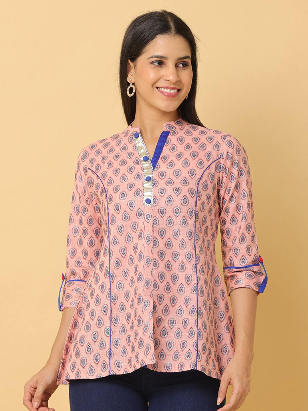 

Cora Ethnic Motifs Printed Mandarin Collar Roll-Up Sleeves Cotton A-Line Top, Pink