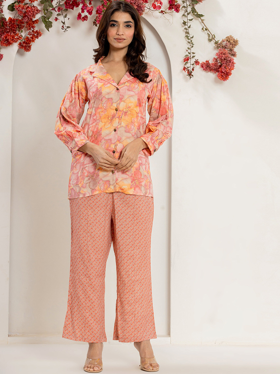 

SK2 Fashion Printed Pure Silk Shirt With Trousers Co-Ords, Pink