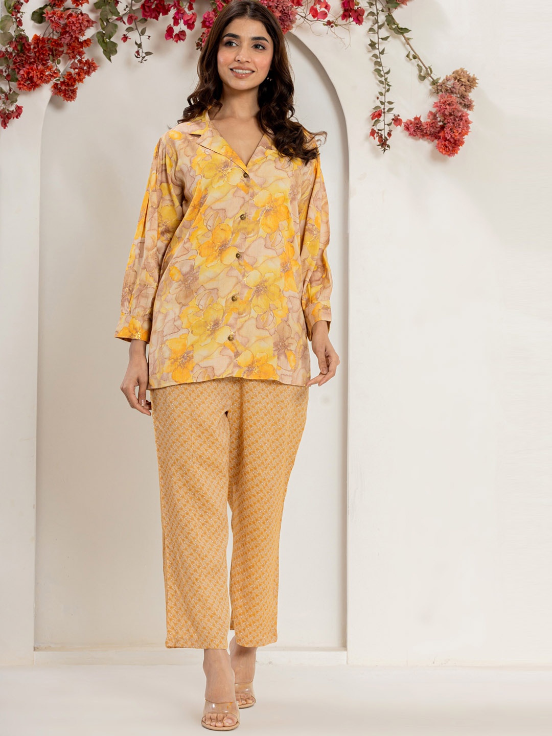 

SK2 Fashion Printed Pure Silk Shirt With Trousers Co-Ords, Yellow