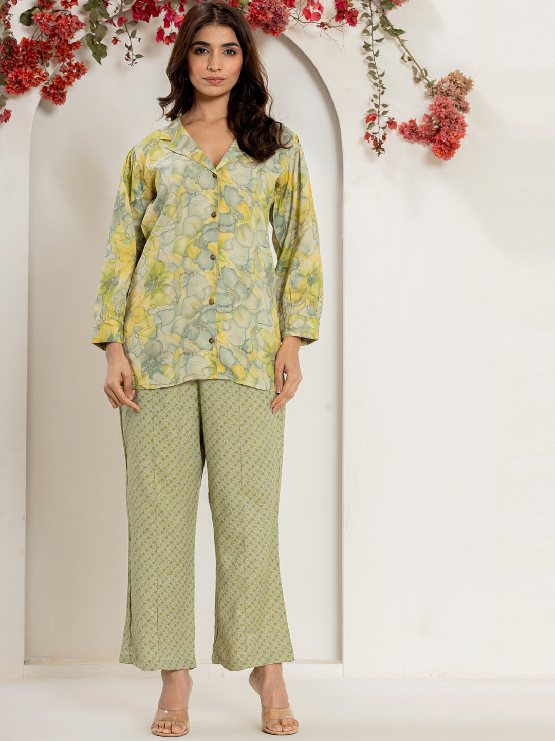 

SK2 Fashion Printed Pure Silk Shirt With Trousers Co-Ords, Green