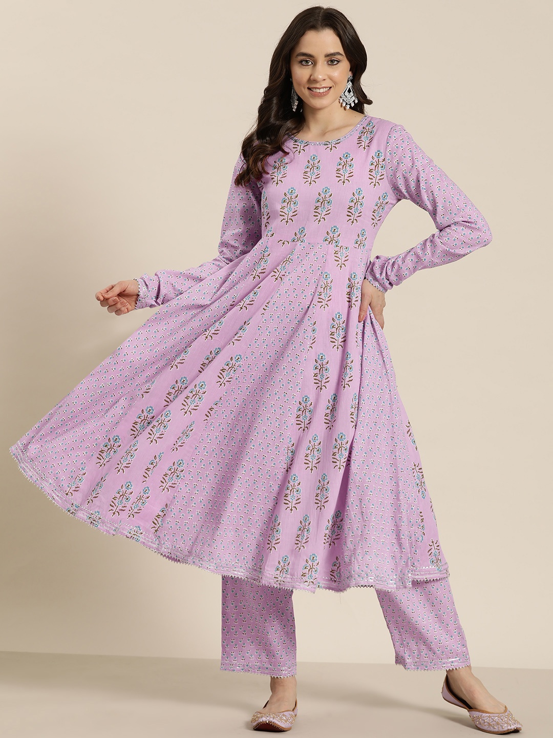 

HERE&NOW Floral Printed Pleated Kantha Work Pure Cotton Kurta with Palazzos, Purple