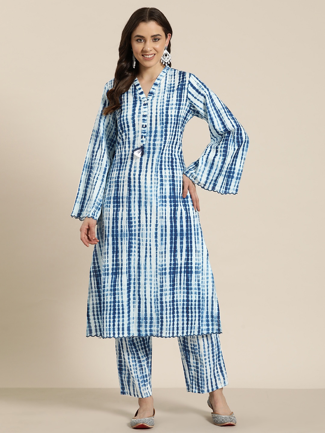 

HERE&NOW Printed Beads & Stones Pure Cotton Kurta with Trousers, Blue