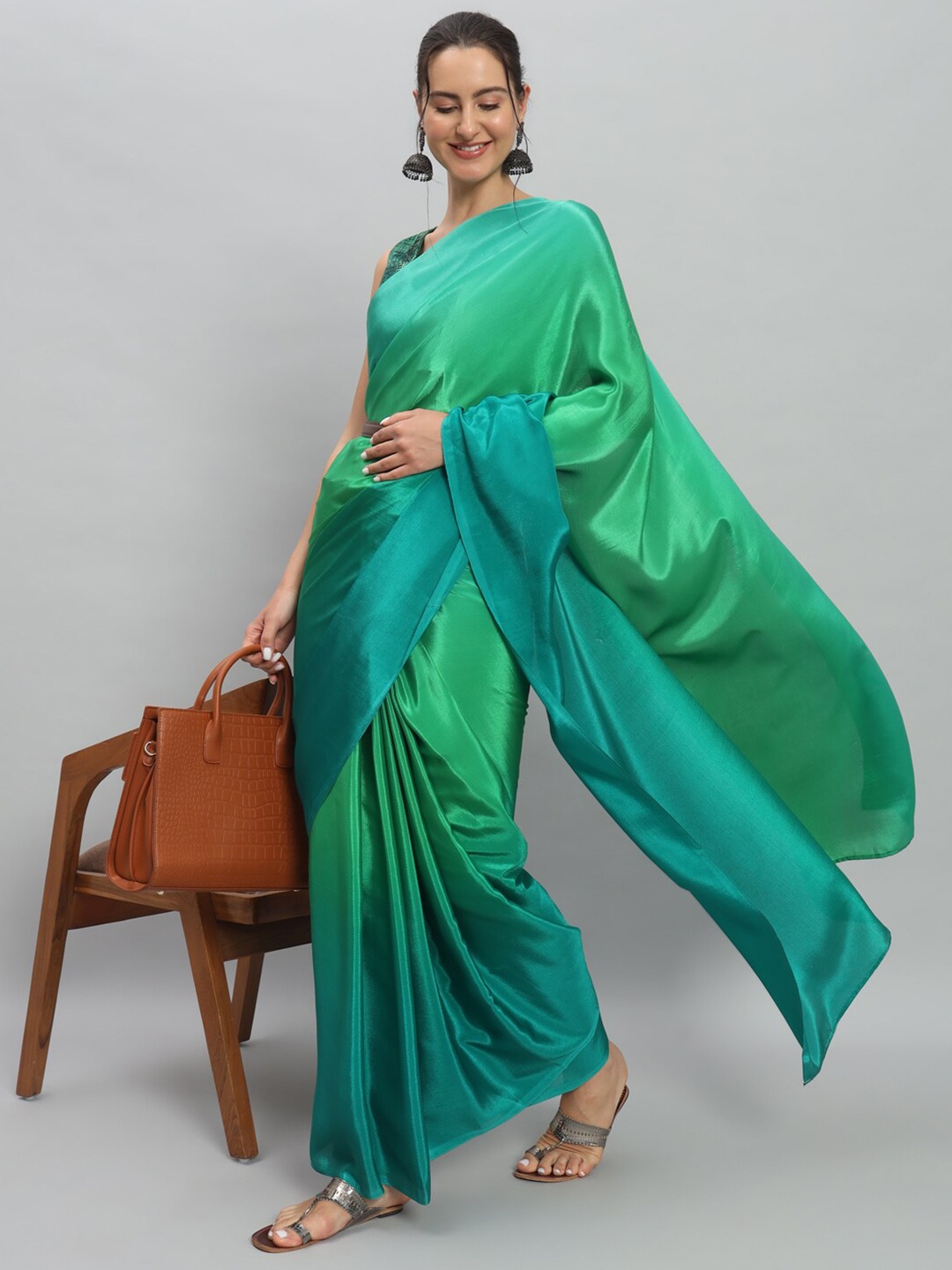 

RACHNA Satin Ready to Wear Saree, Green