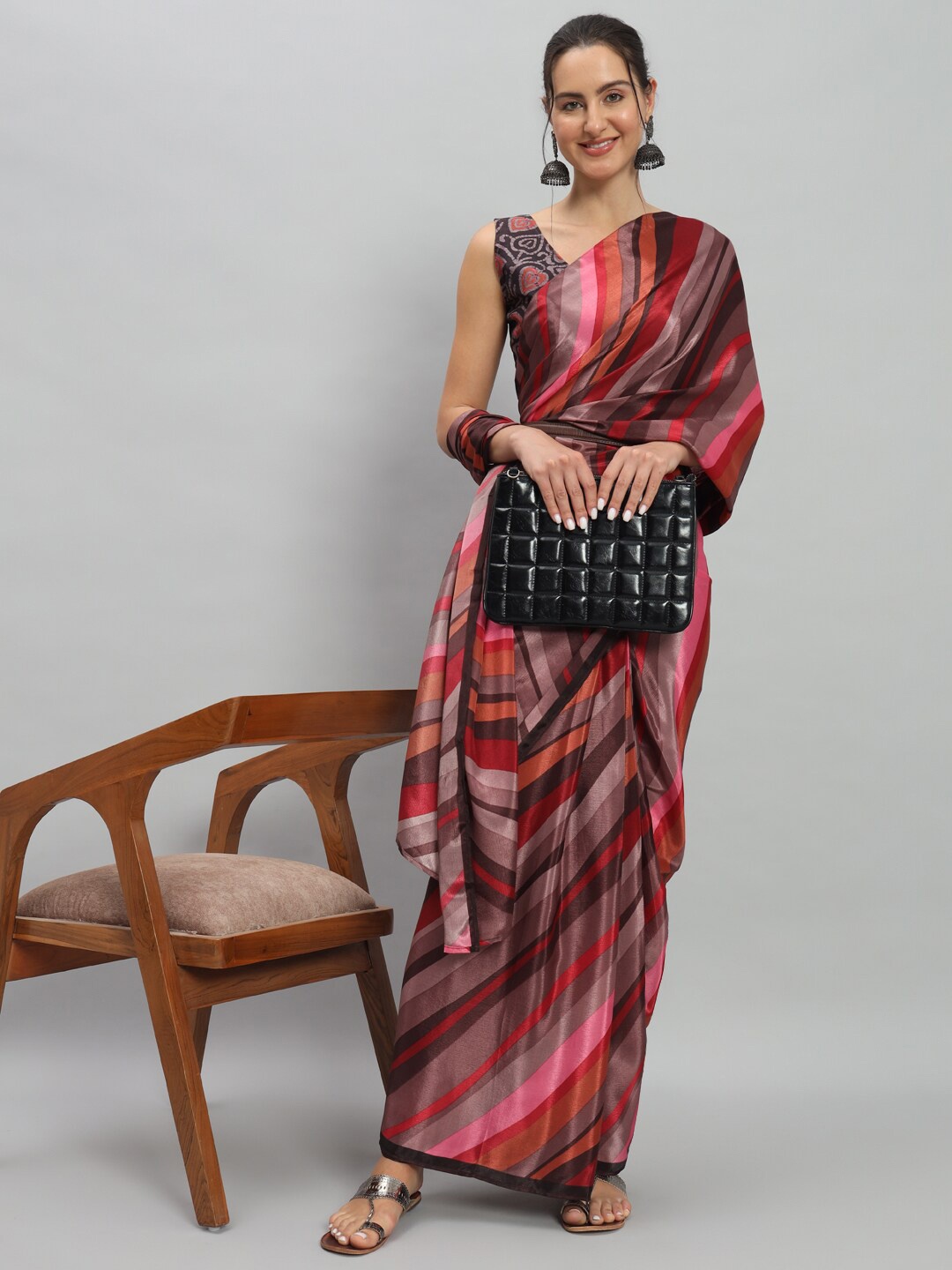 

RACHNA Striped Satin Ready to Wear Saree, Purple