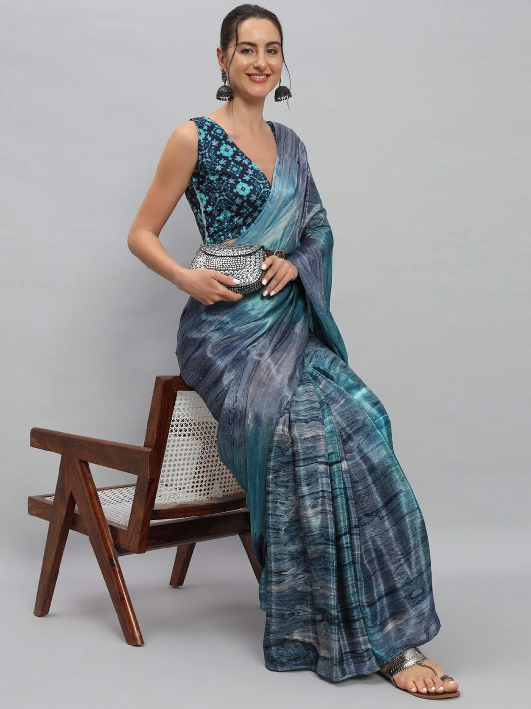 

RACHNA Striped Satin Ready to Wear Saree, Blue