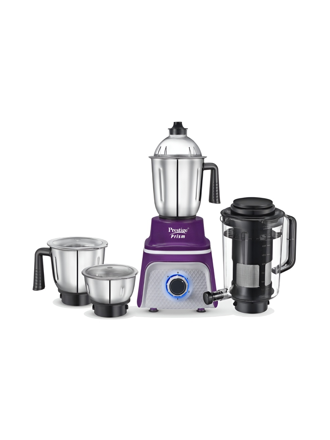 

Prestige Prism Purple 750W Mixer Grinder & 3 Stainless Steel Jars & 1 Juice Extractor Jar