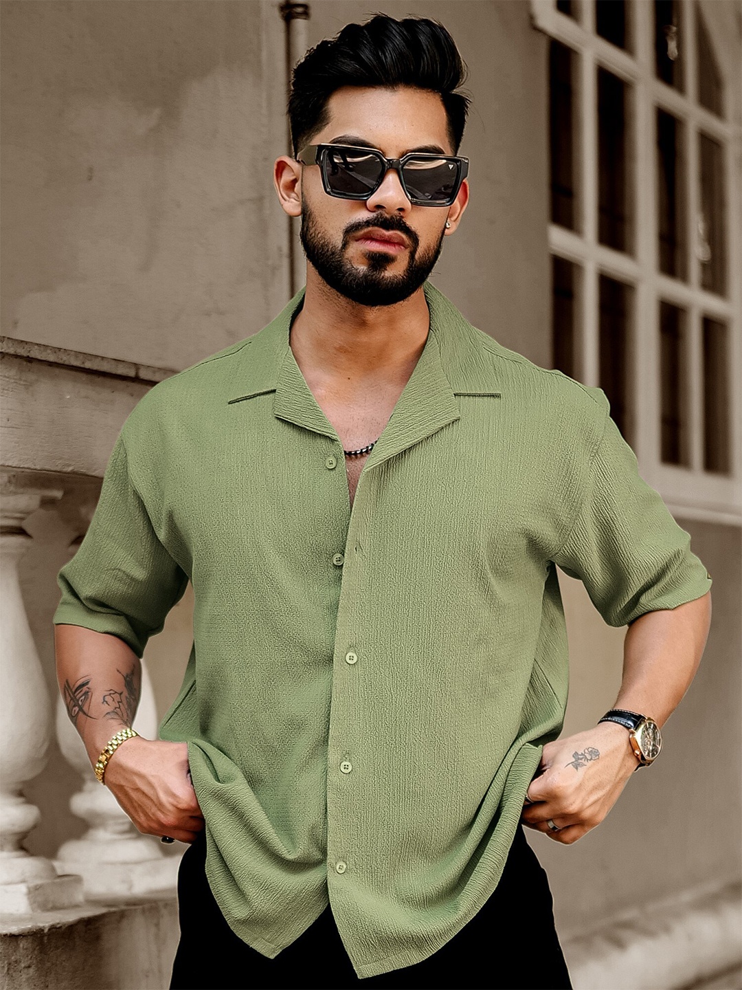 

Maniac Comfort Cuban Collar Casual Shirt, Green