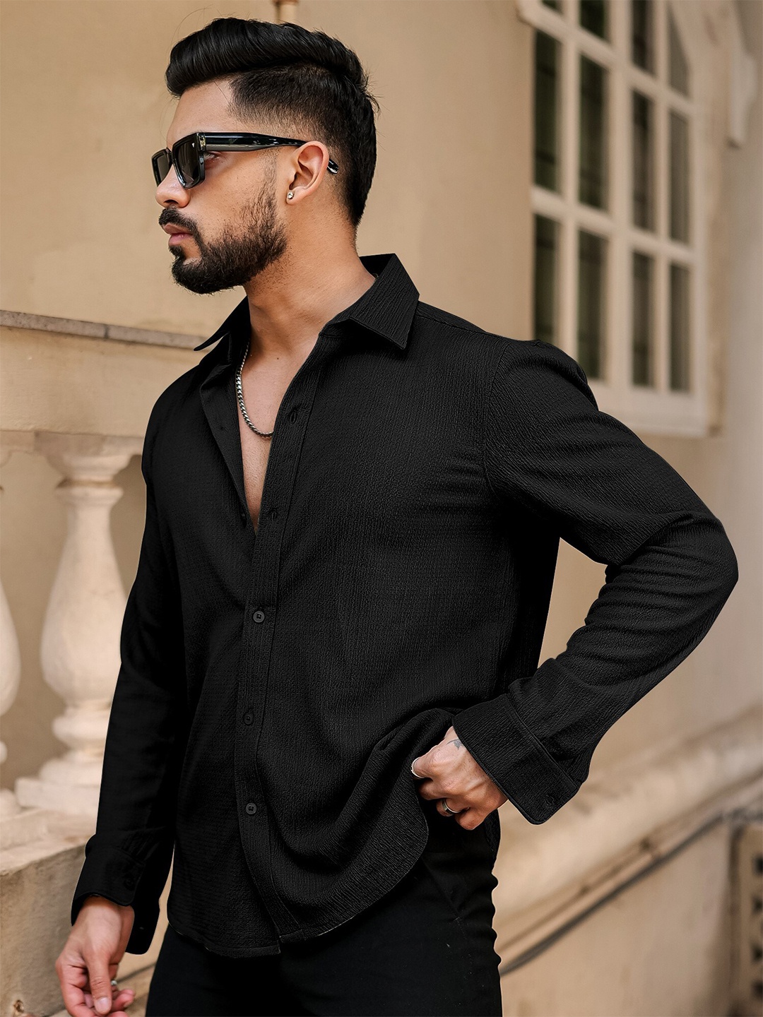 

Maniac Comfort Spread Collar Casual Shirt, Black
