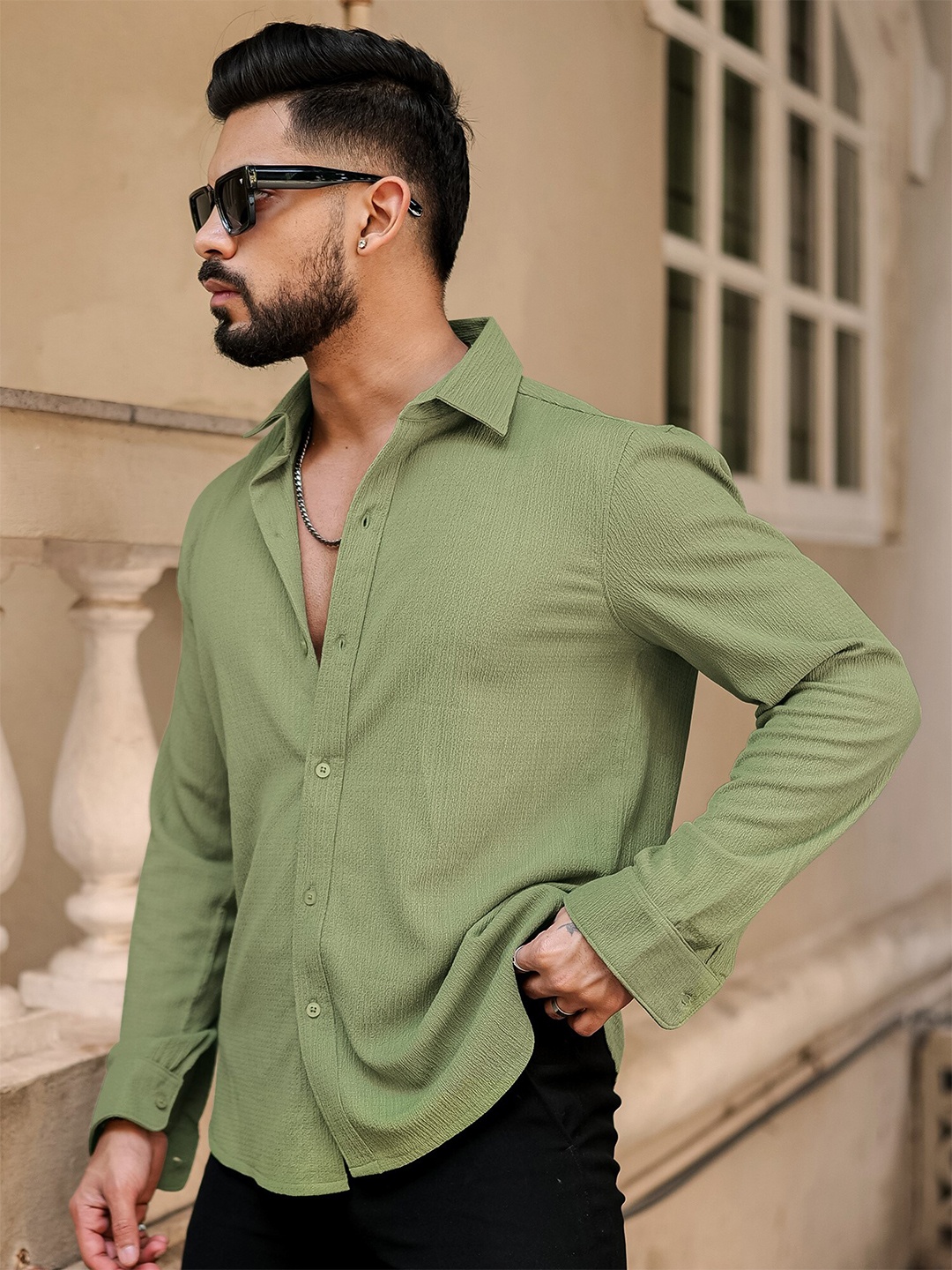 

Maniac Comfort Spread Collar Casual Shirt, Green