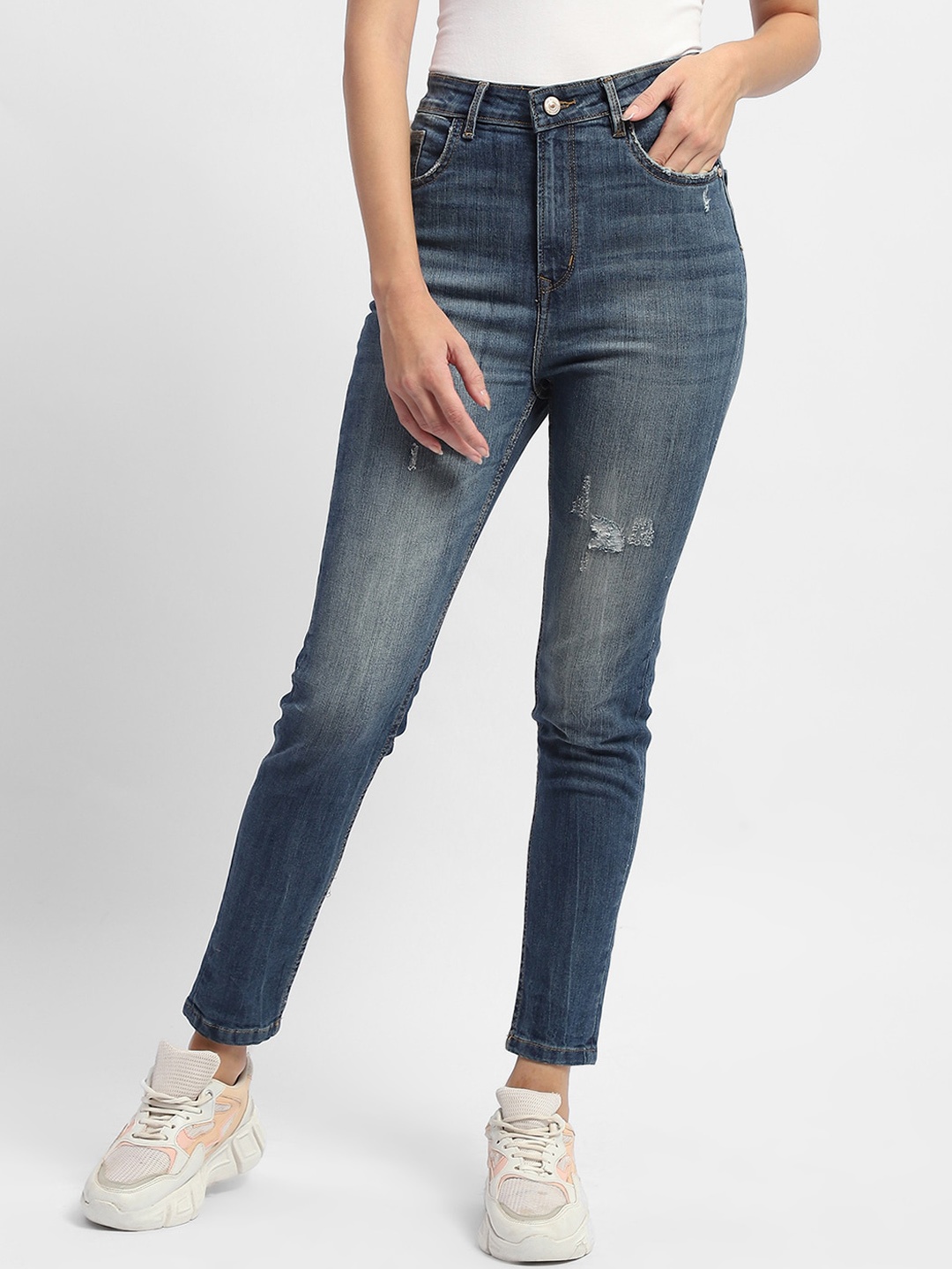 

Madame Women Skinny Fit High-Rise Low Distress Heavy Fade Jeans, Blue